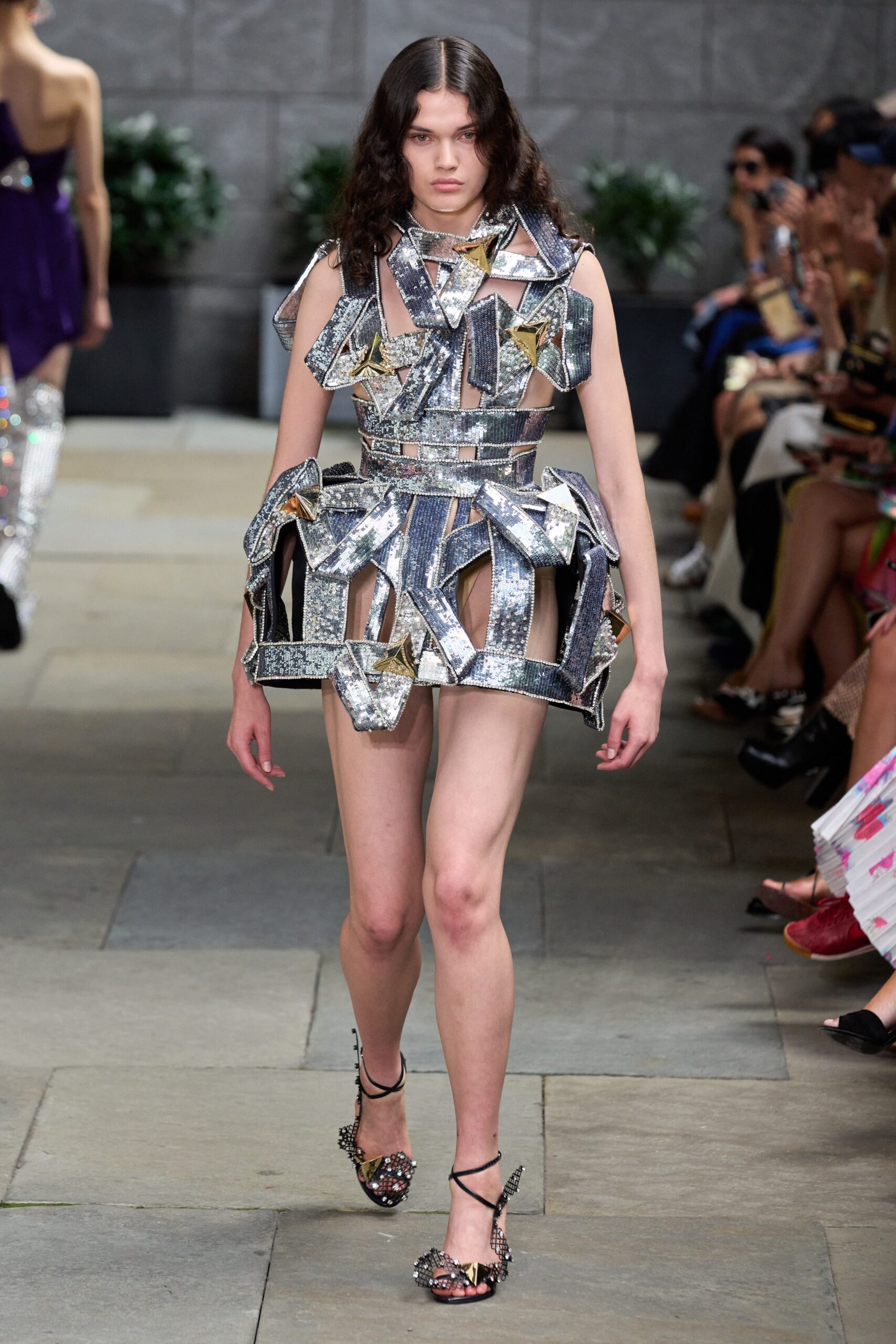 fitted silver metallic mini dress