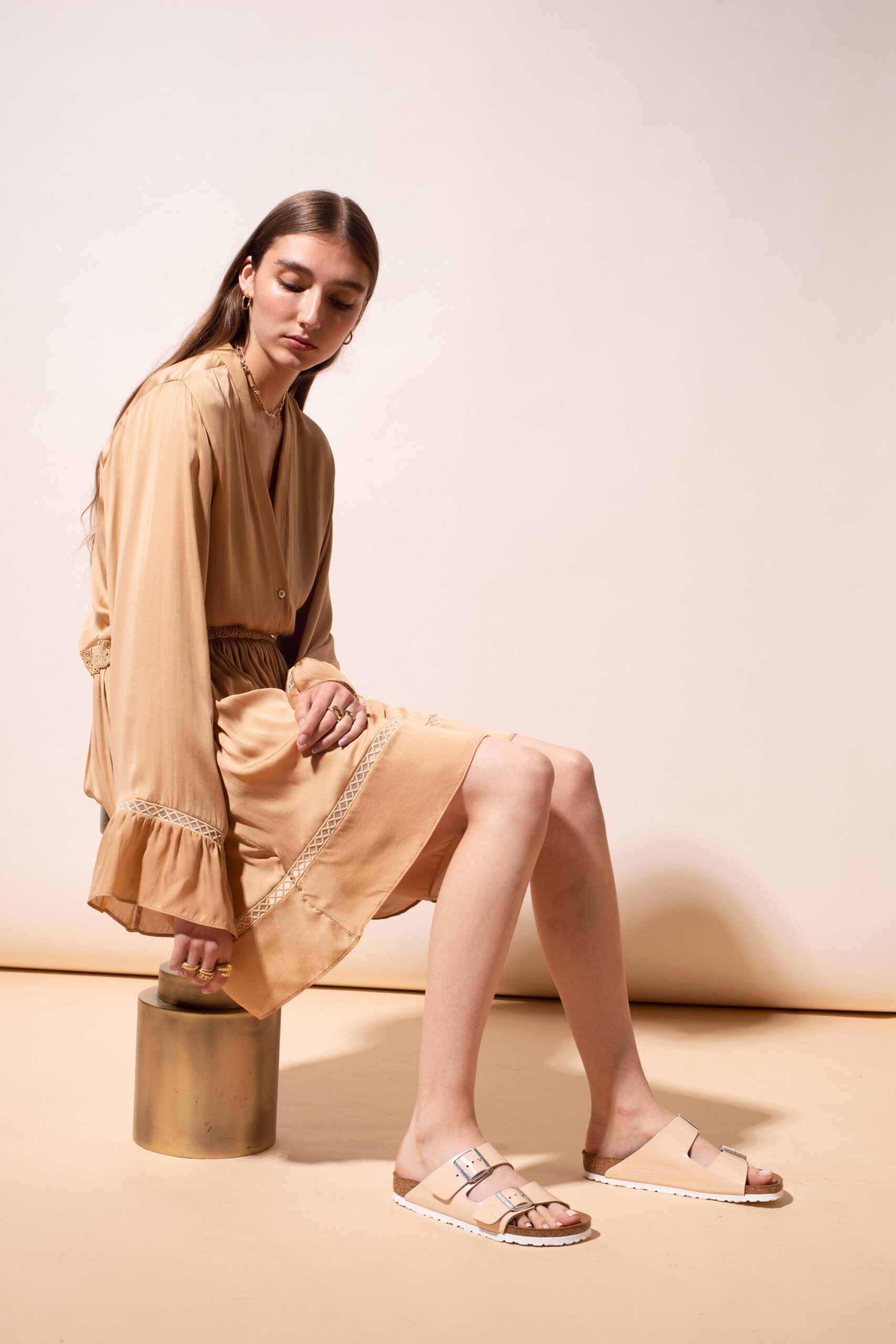 beige silk mini dress with ruffles