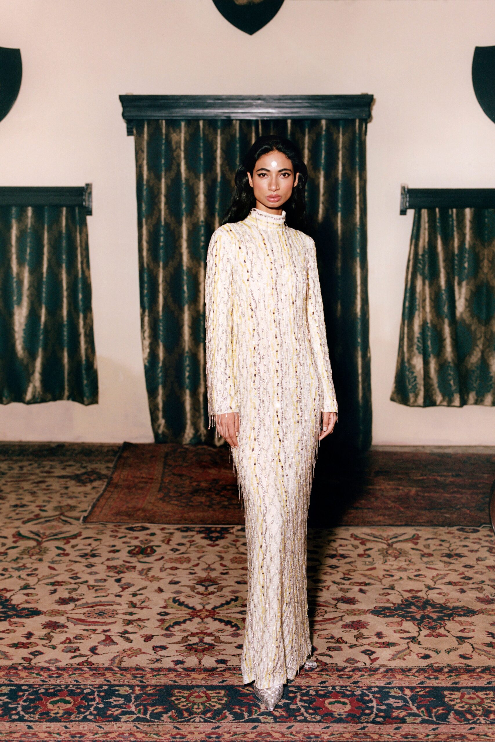 white silk fringed gown