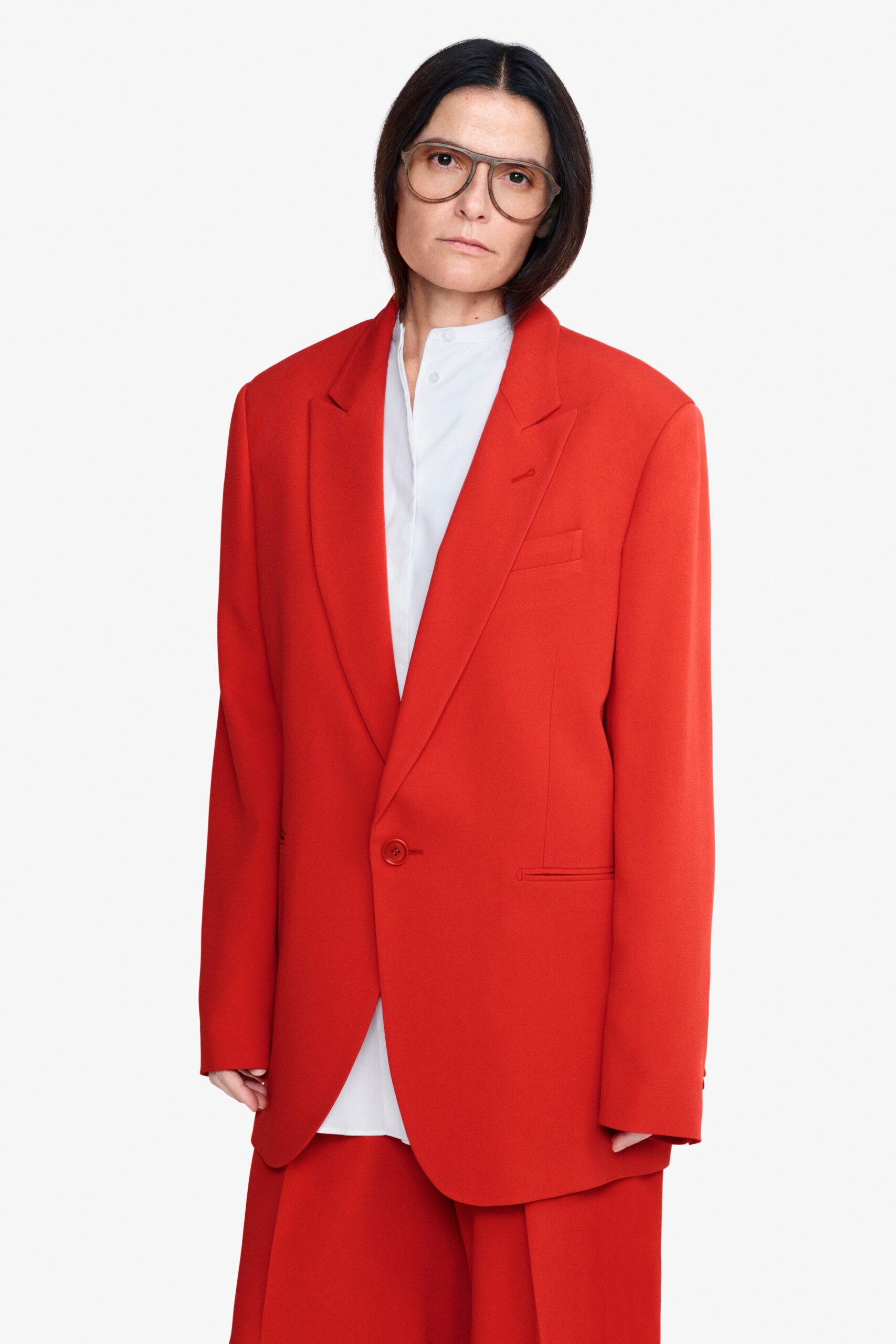 oversized red blazer with white shirt