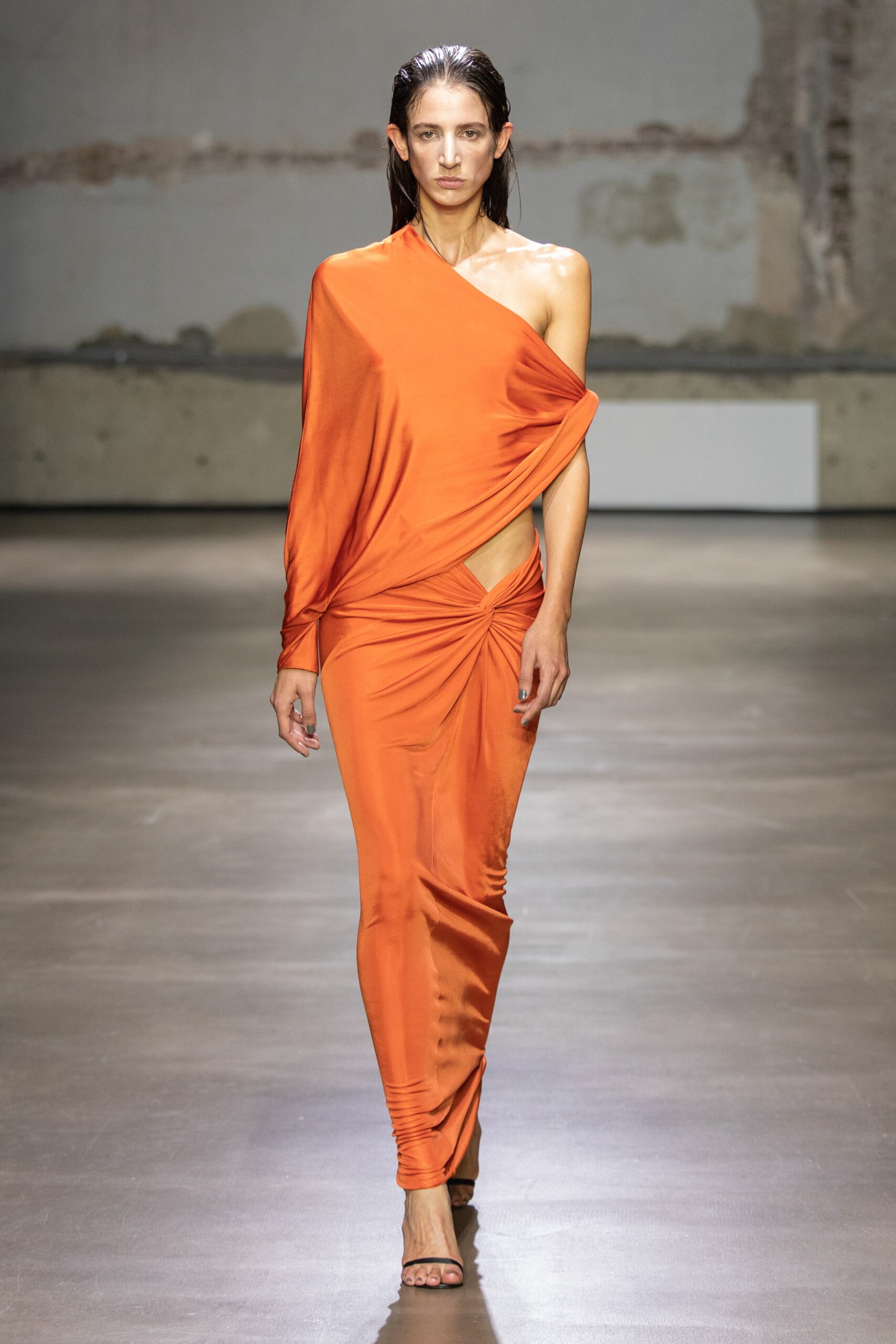 fitted orange silk dress