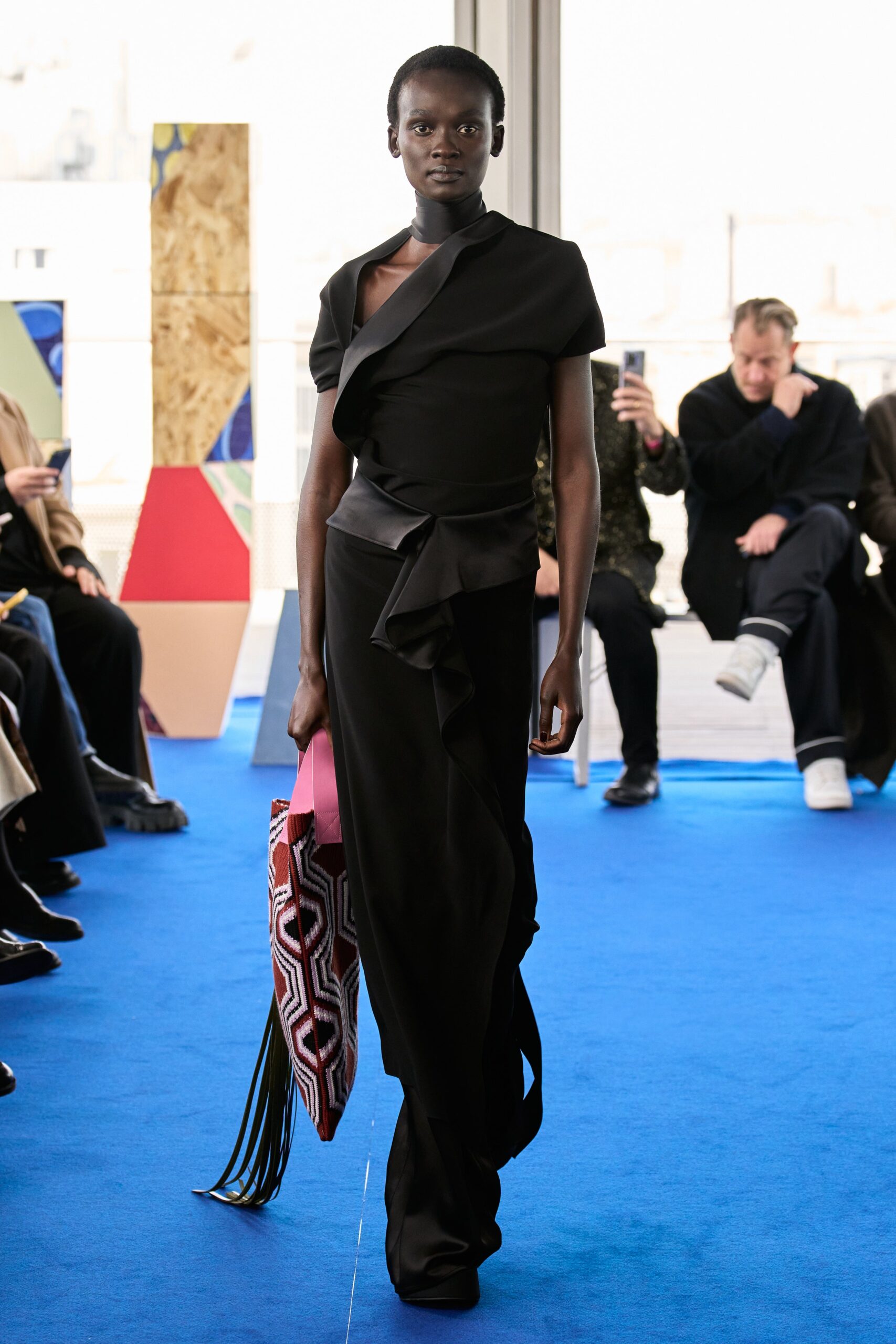 black draped maxi dress with bag