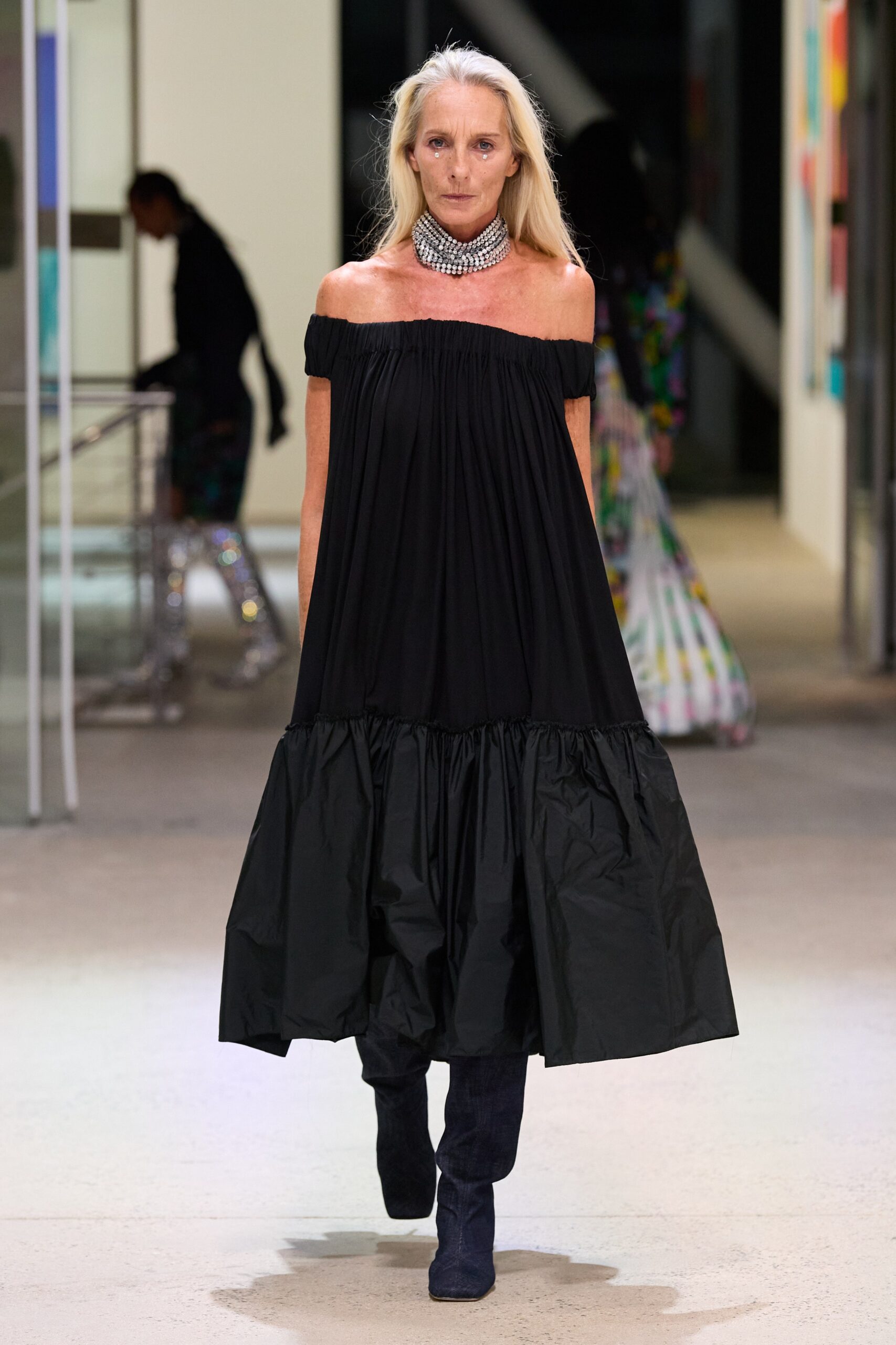 black off-shoulder tiered dress