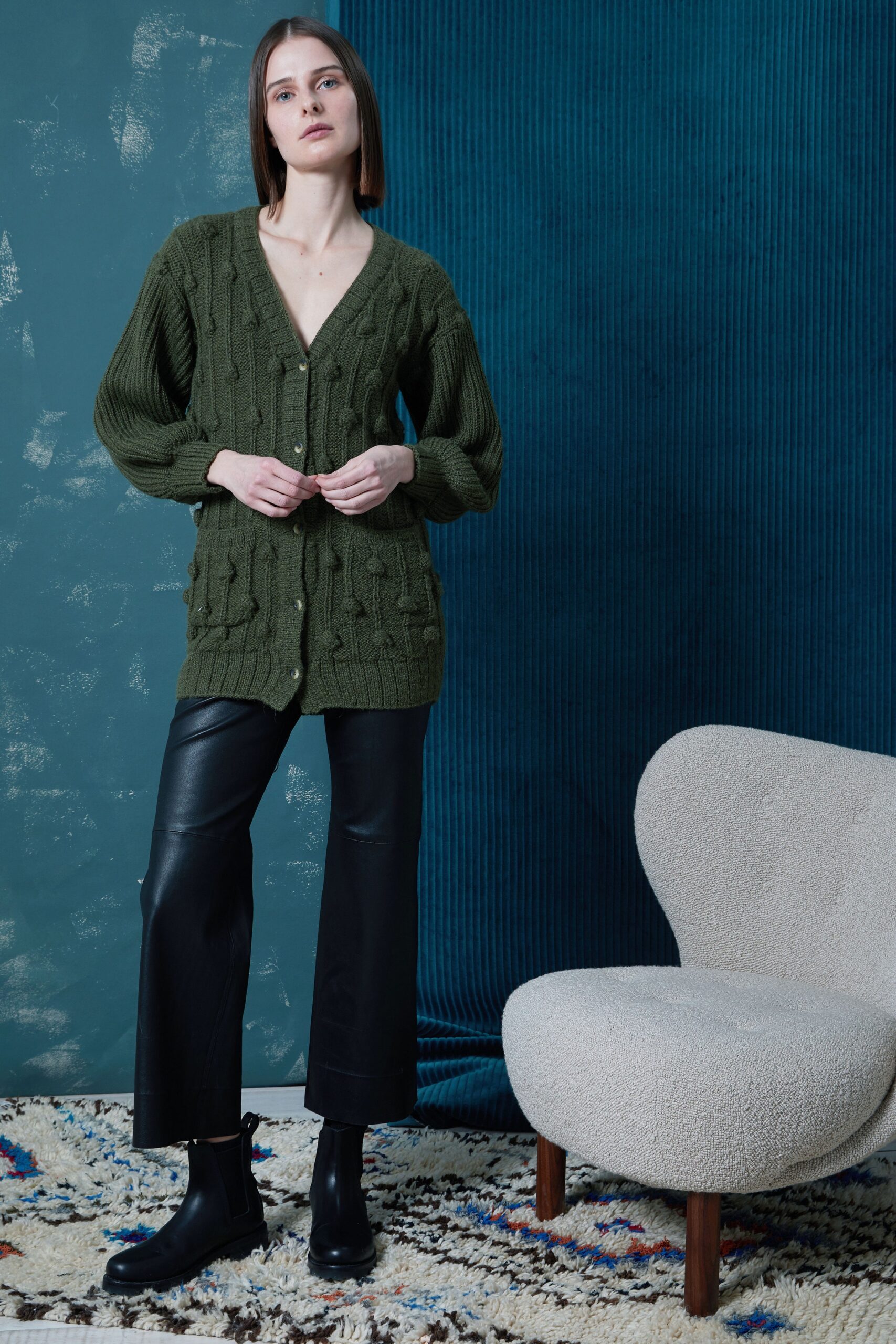 green wool long-sleeve v-neck relaxed cardigan