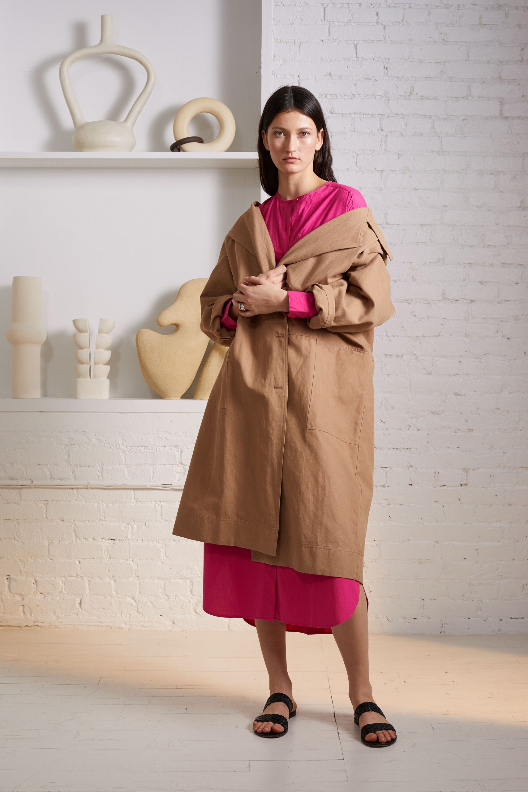 beige coat and pink dress