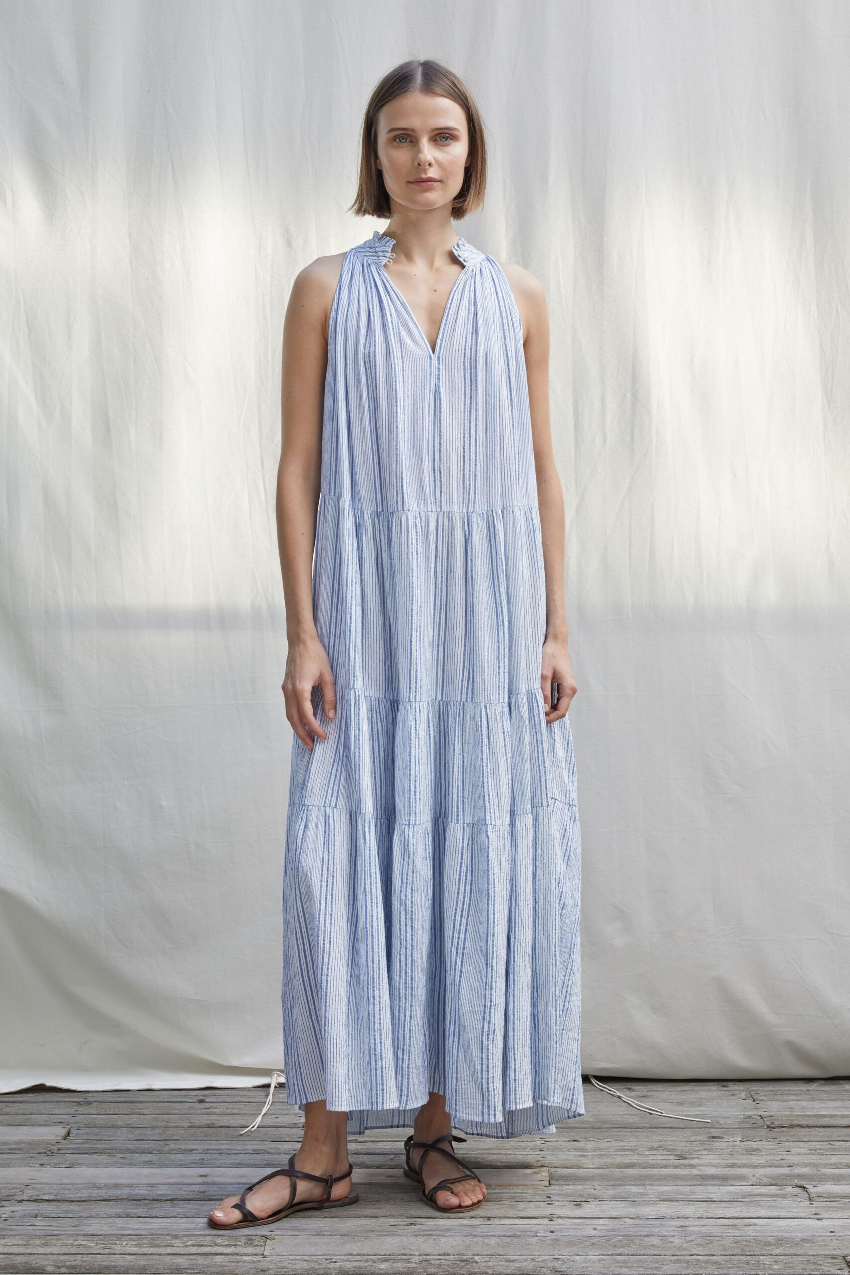 blue and white tiered maxi dress