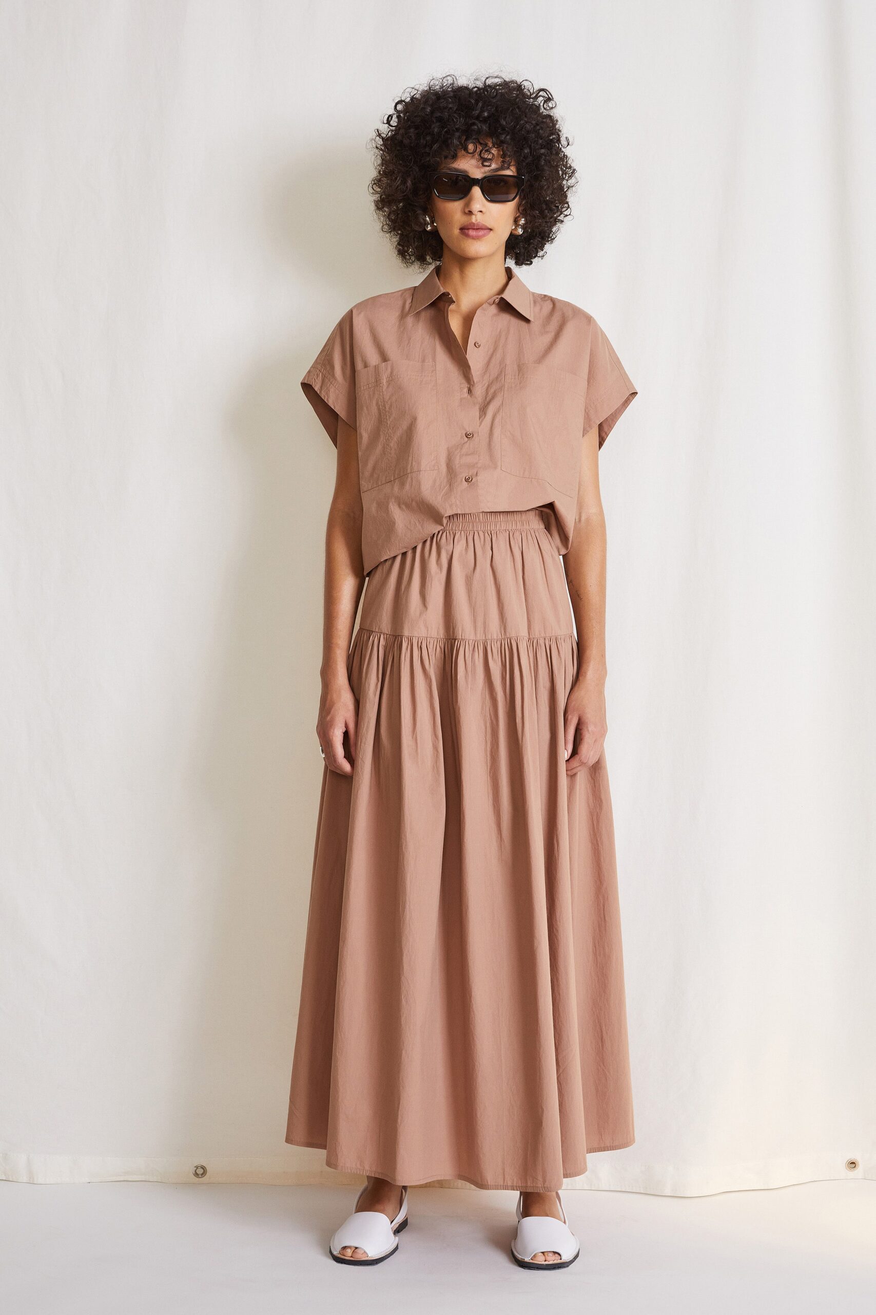 beige cotton top and maxi skirt