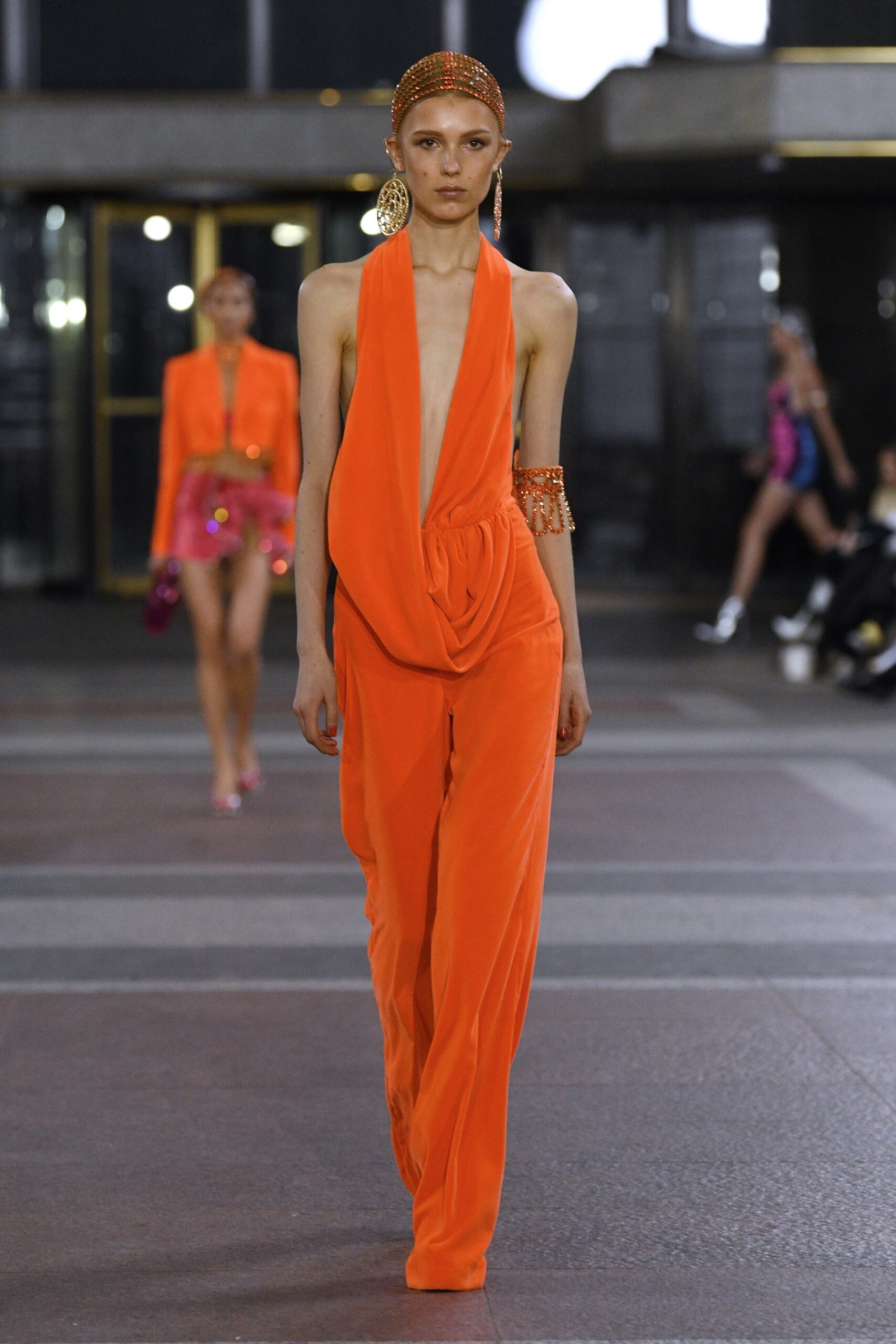 orange silk sleeveless jumpsuit