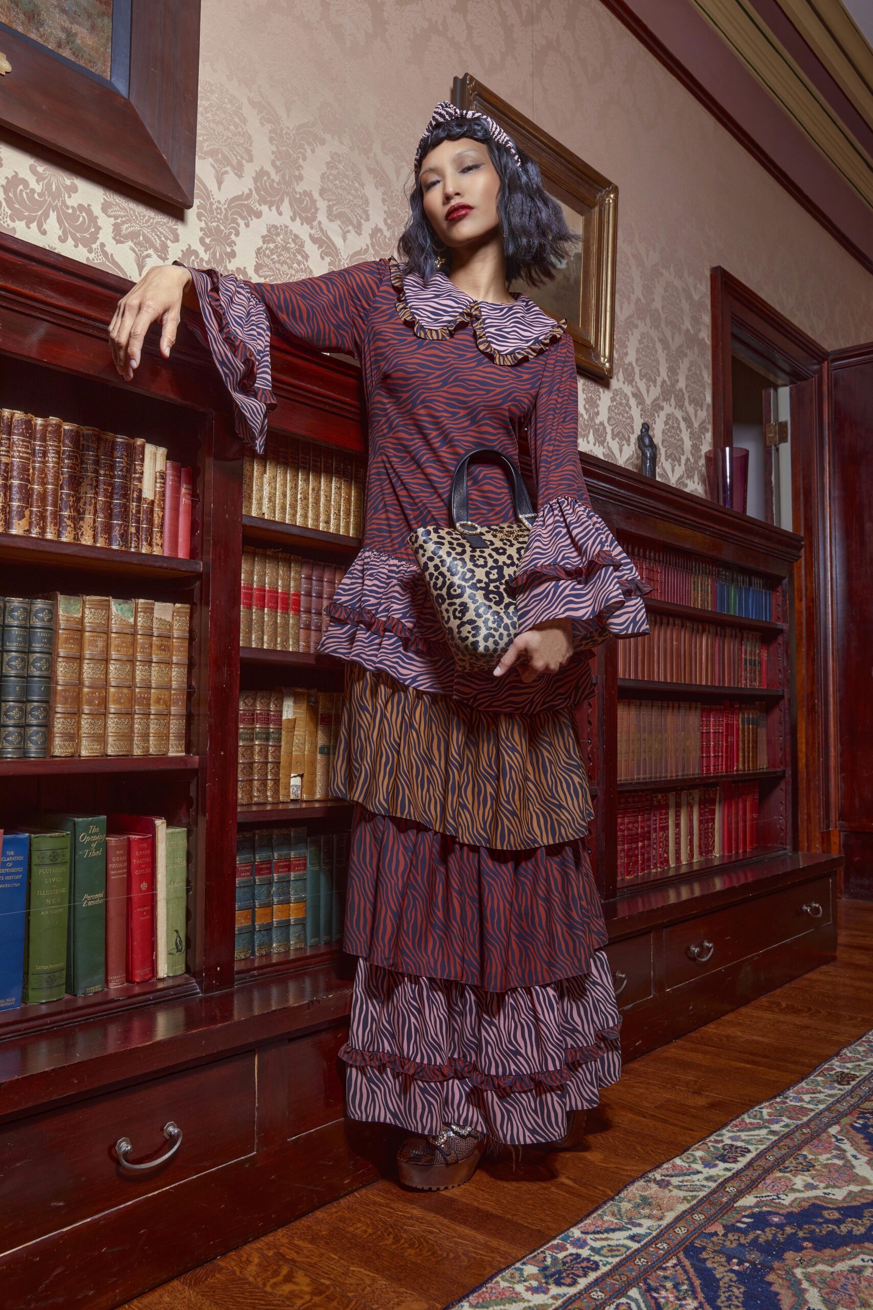 red cotton long-sleeve collared fitted tiered ruffled dress