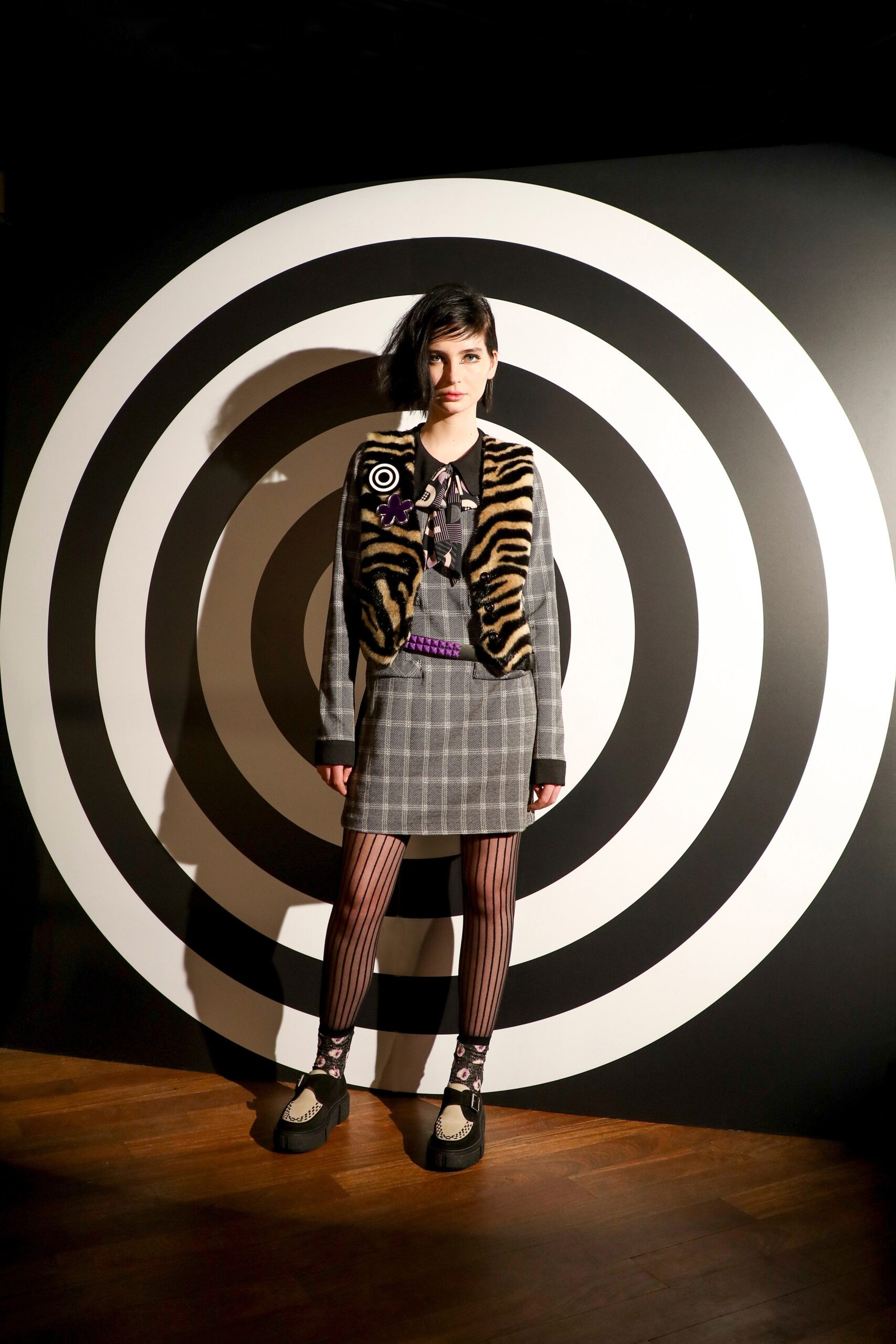 gray checked mini skirt with layered top