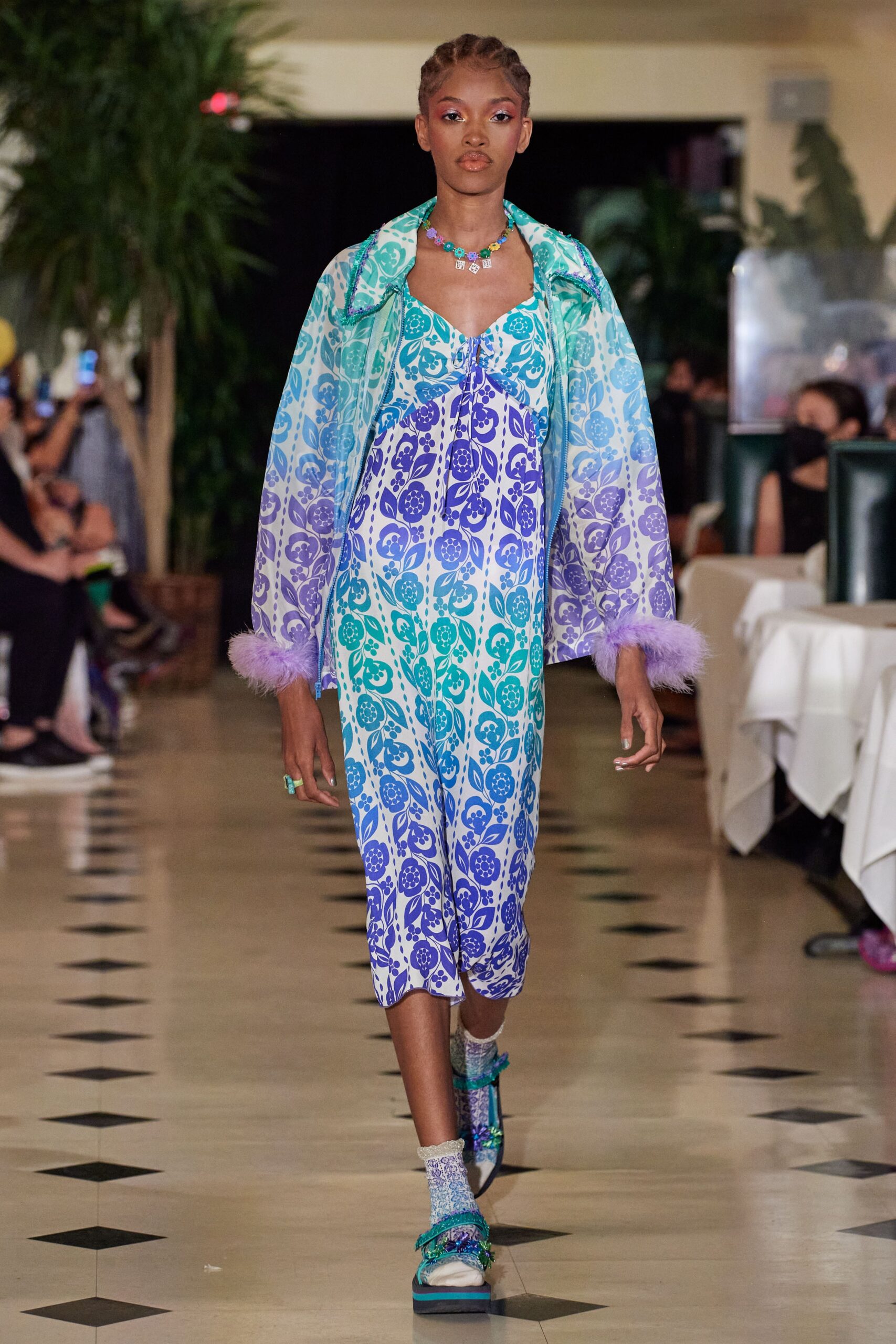 blue green printed jumpsuit with cape