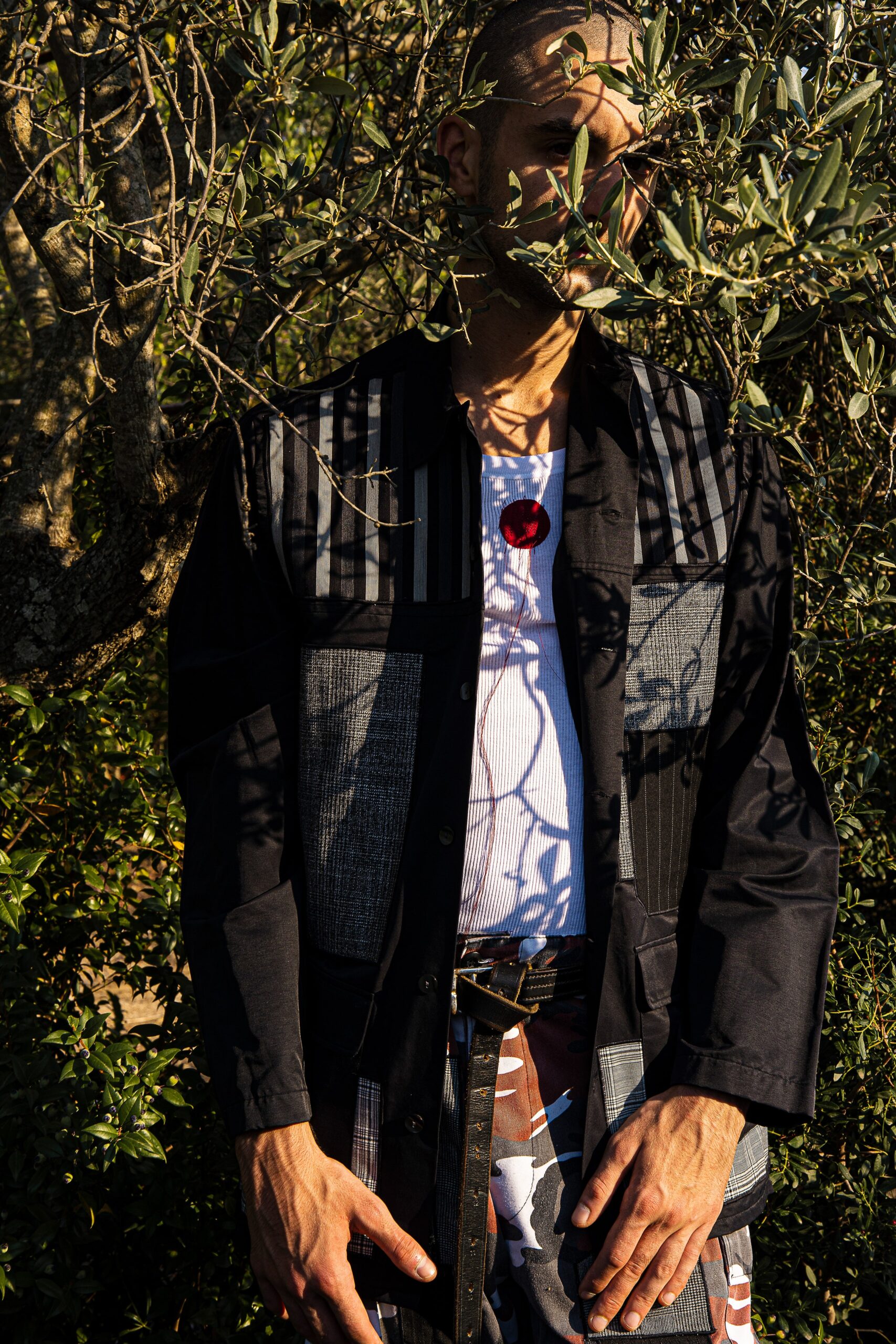 black cotton long-sleeve collared relaxed buttoned patchwork jacket