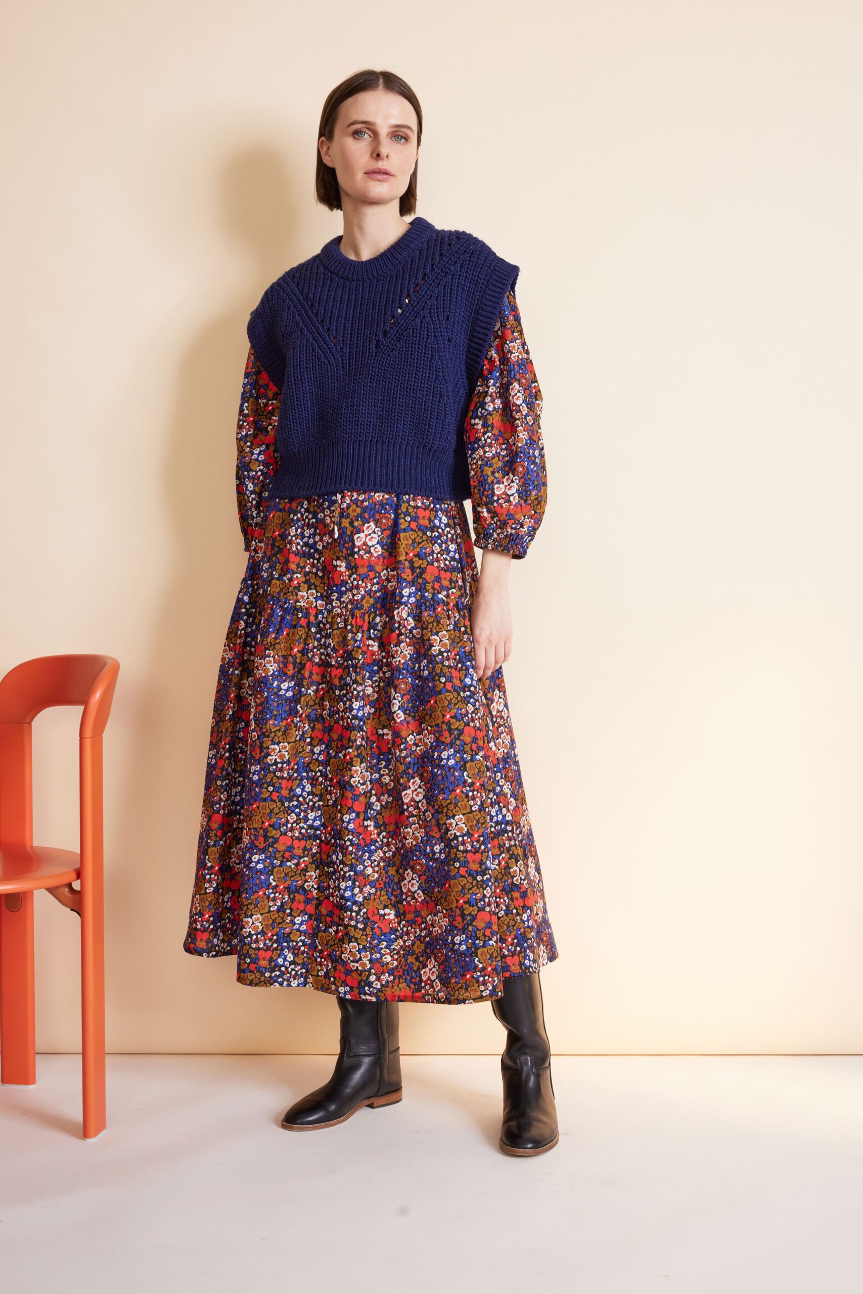multi-colored midi dress with blue sweater