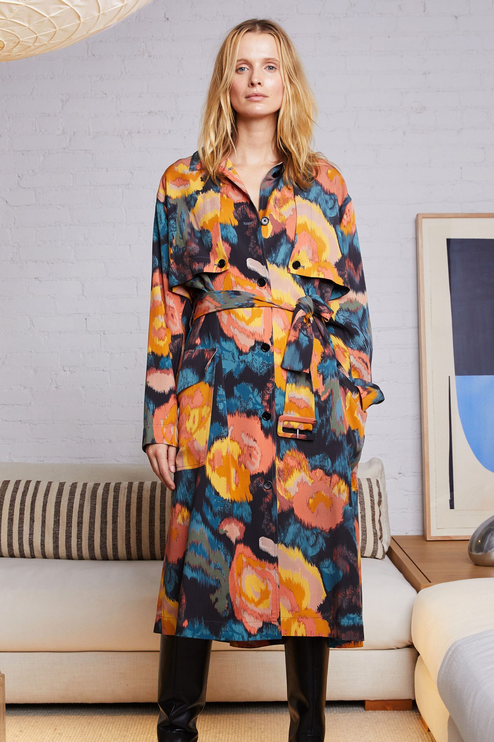 multi-colored belted trench coat
