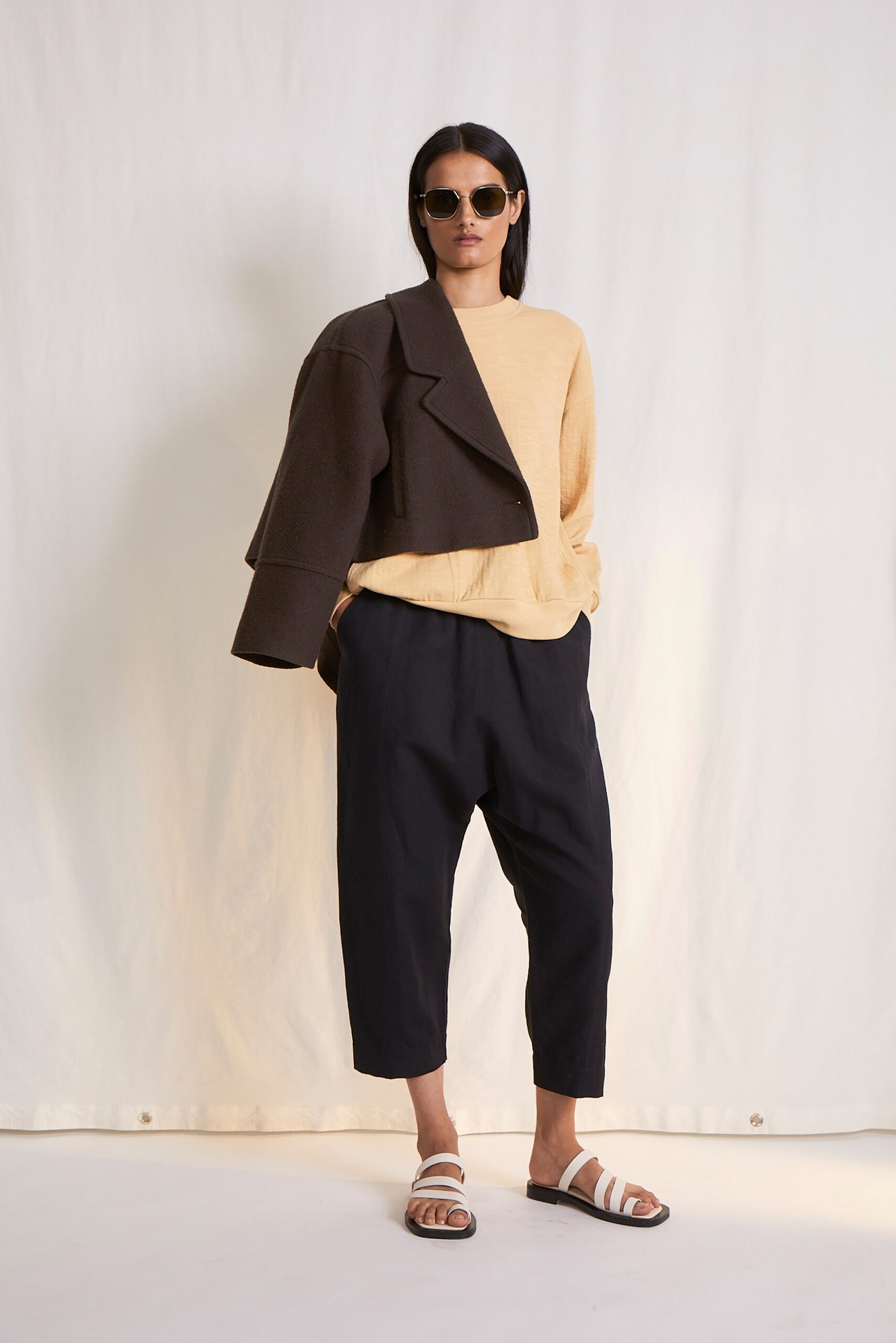 brown wool long-sleeve collared relaxed structured jacket
