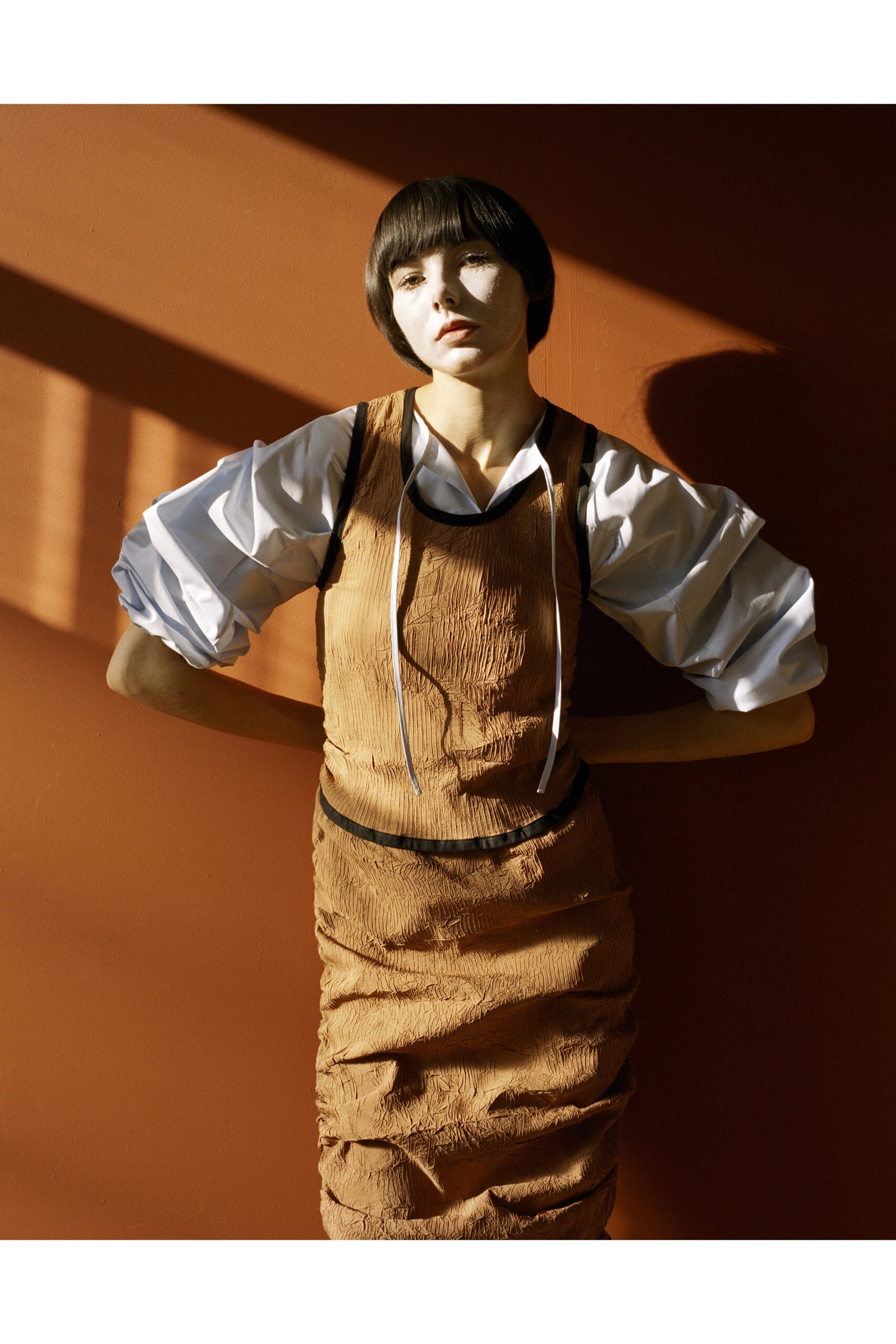 brown ruched midi dress with white shirt