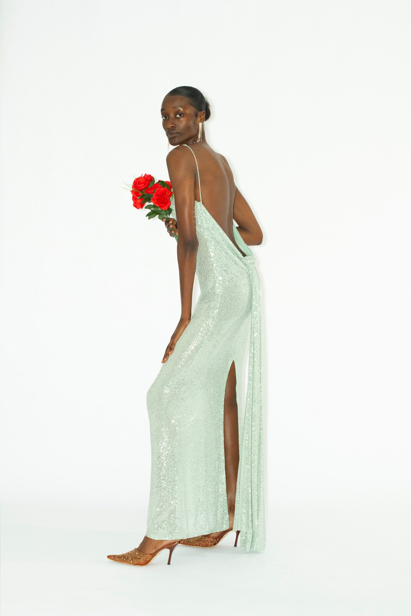 green sequin sleeveless backless fitted shiny maxi gown