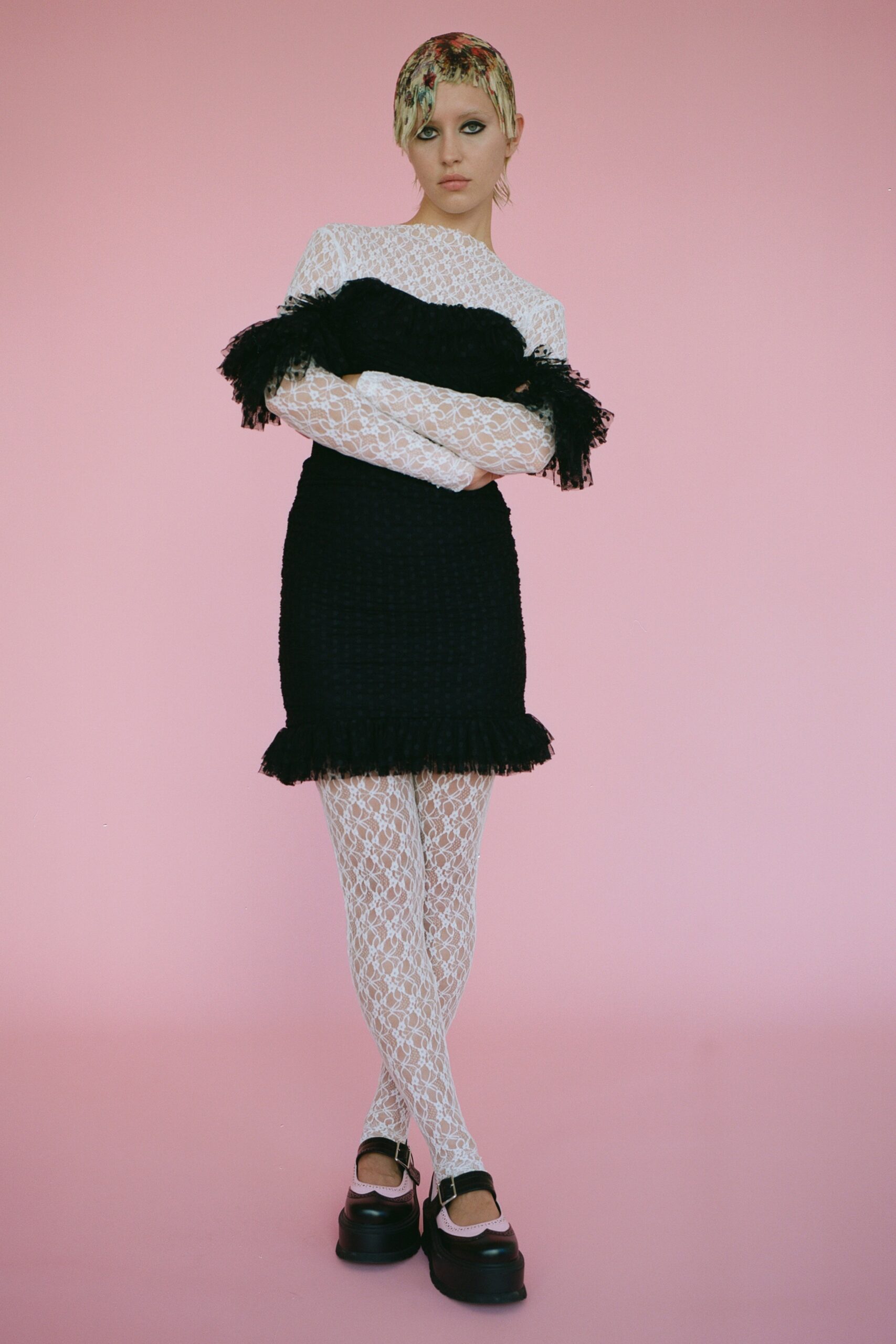 black and white ruffled mini dress