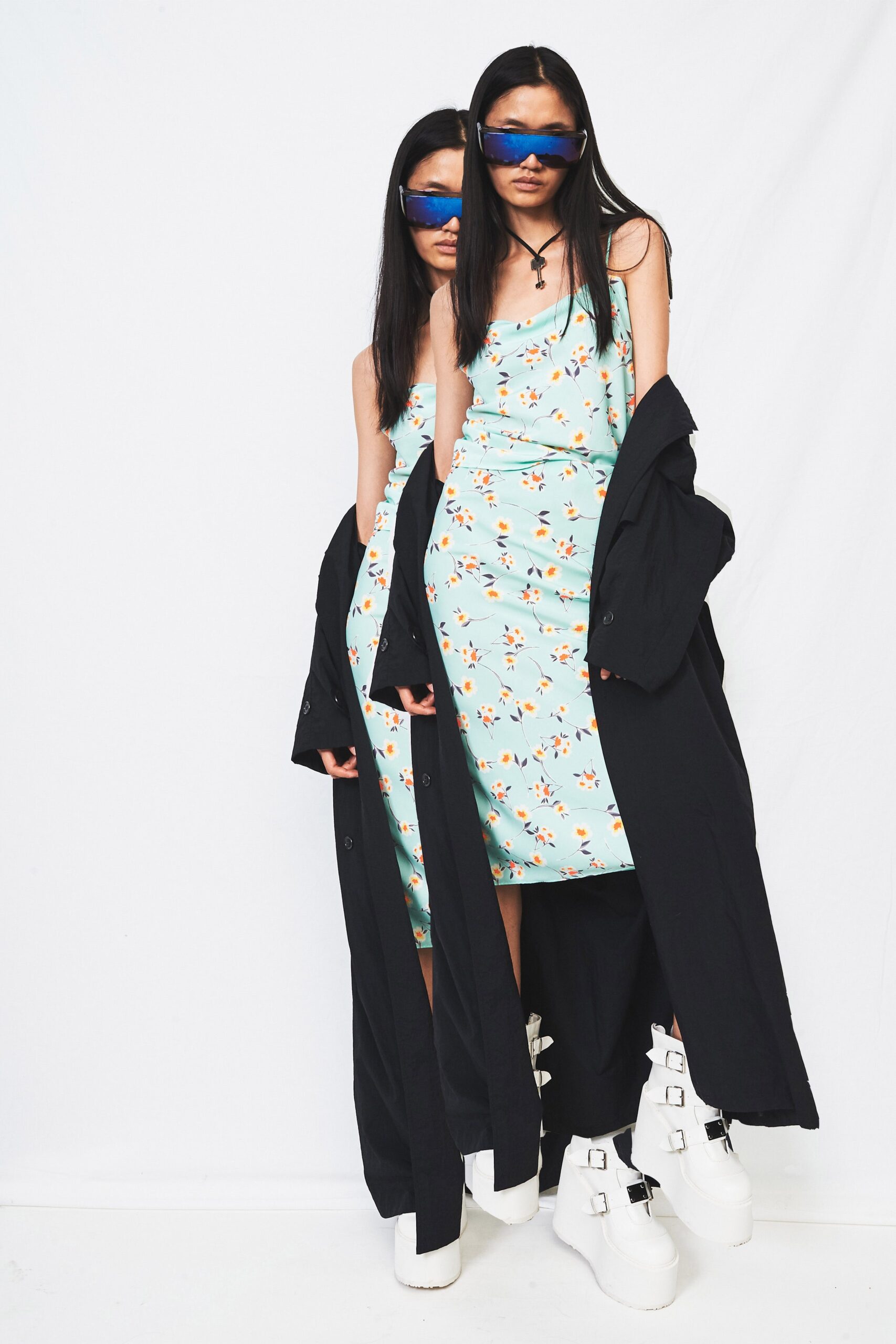 floral midi dress with oversized coat