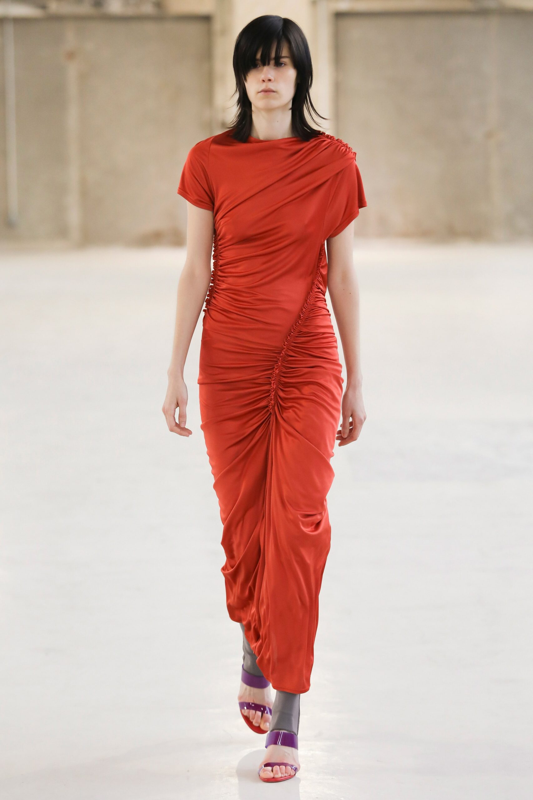 fitted red silk maxi dress