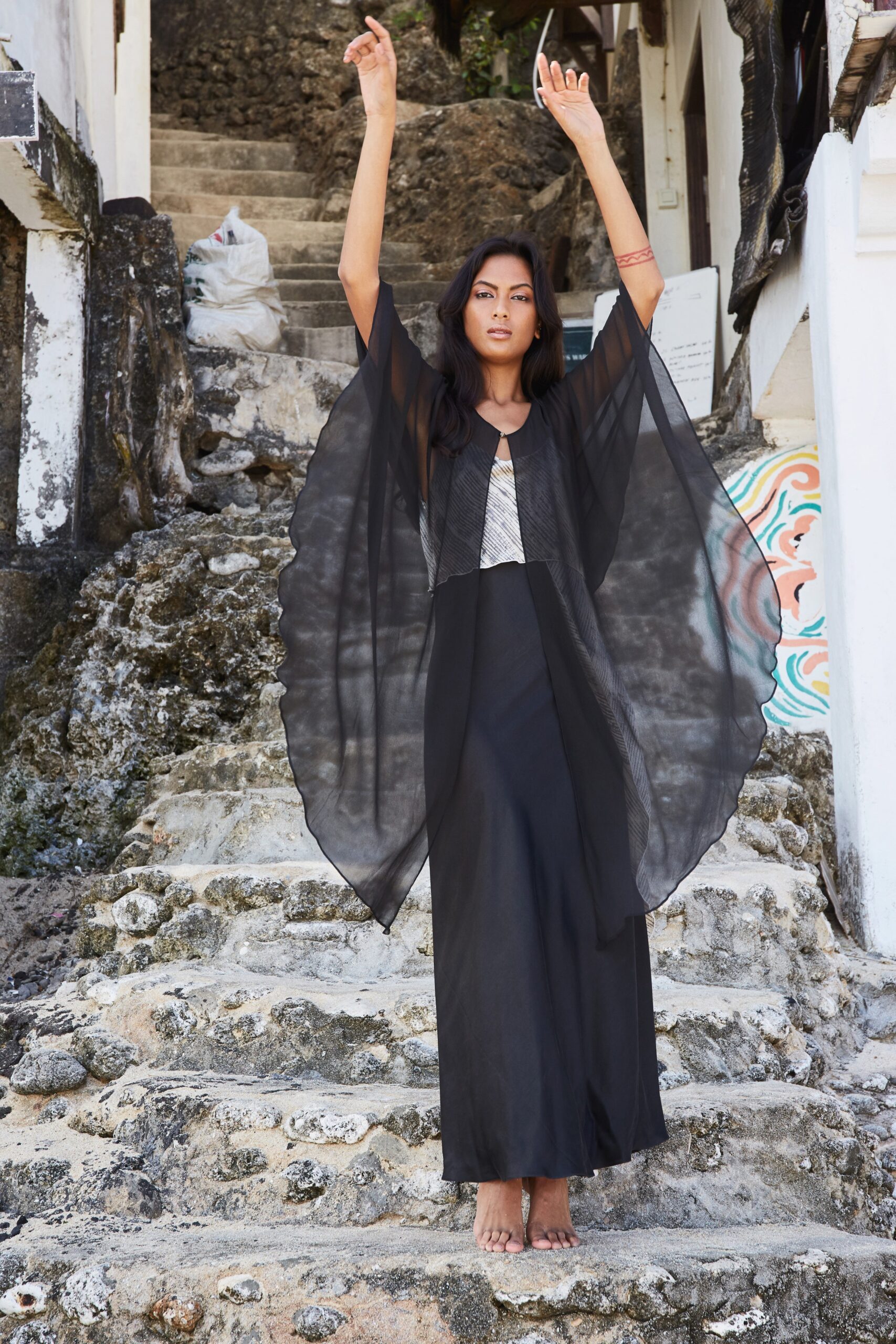 black chiffon maxi dress with cape