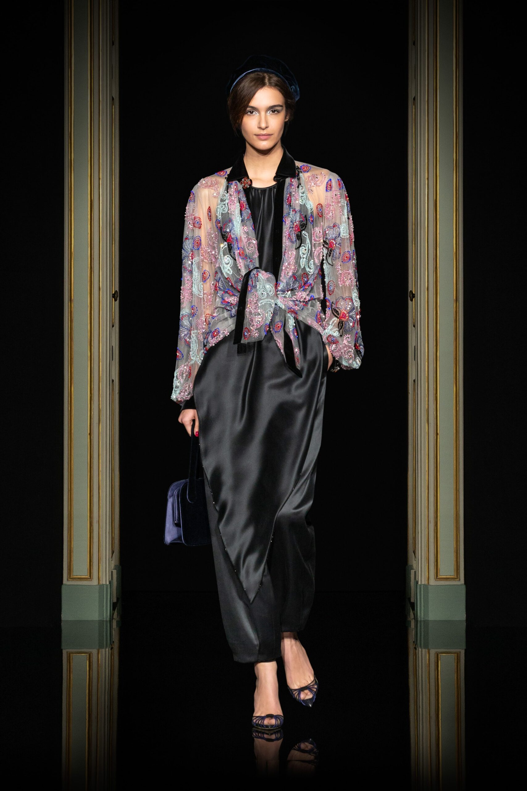 multi-colored silk blouse and black satin dress