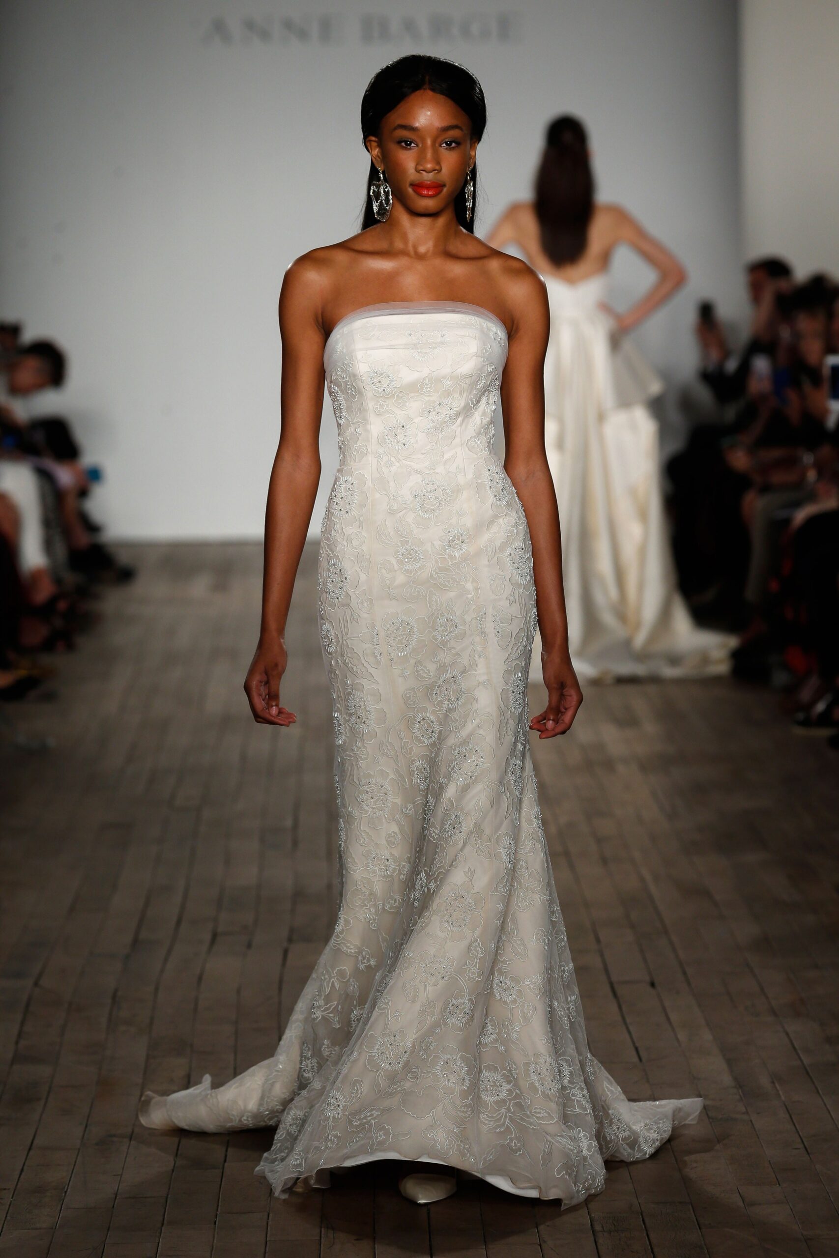 white silk strapless gown