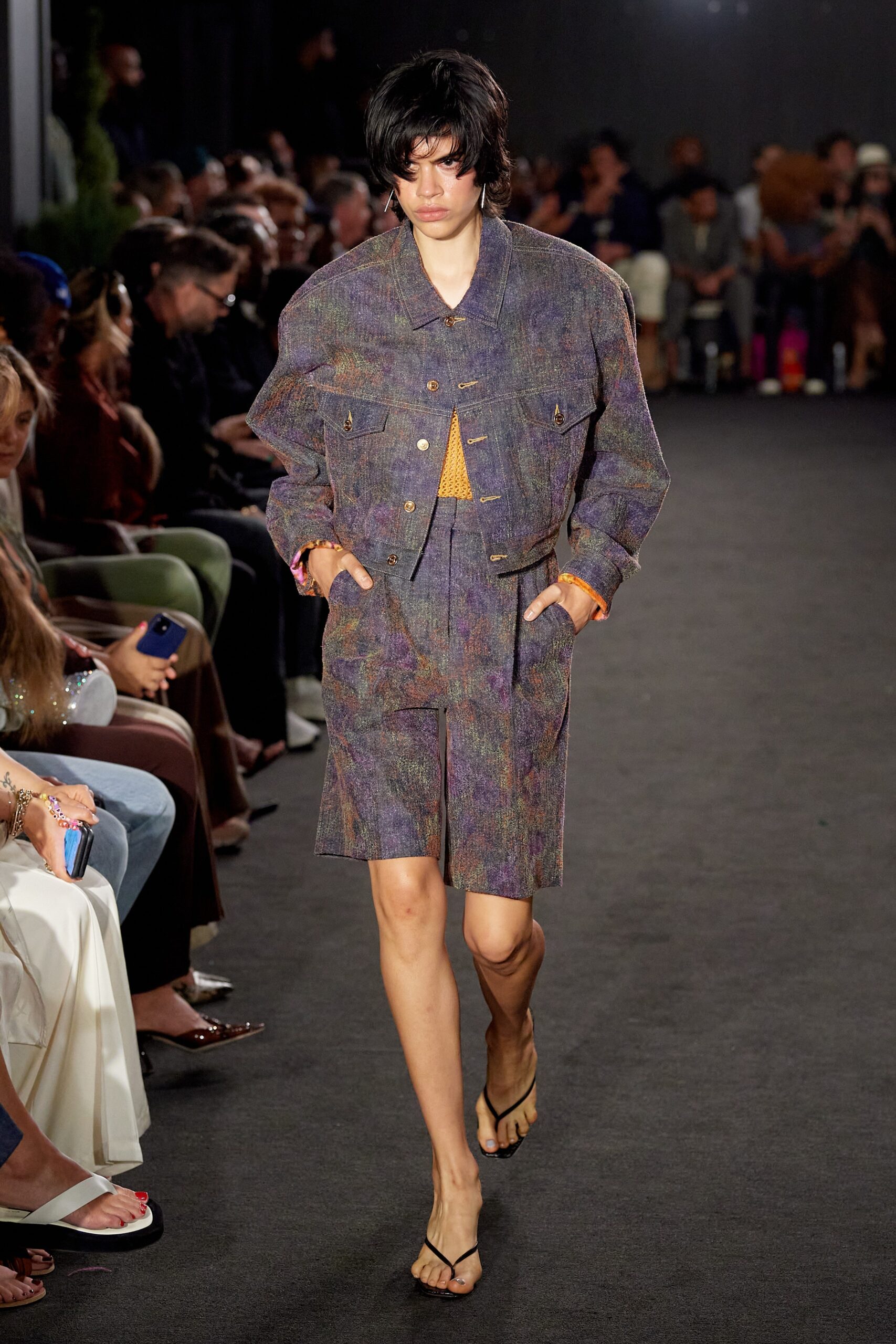 purple tweed short-sleeve collared relaxed buttoned jacket