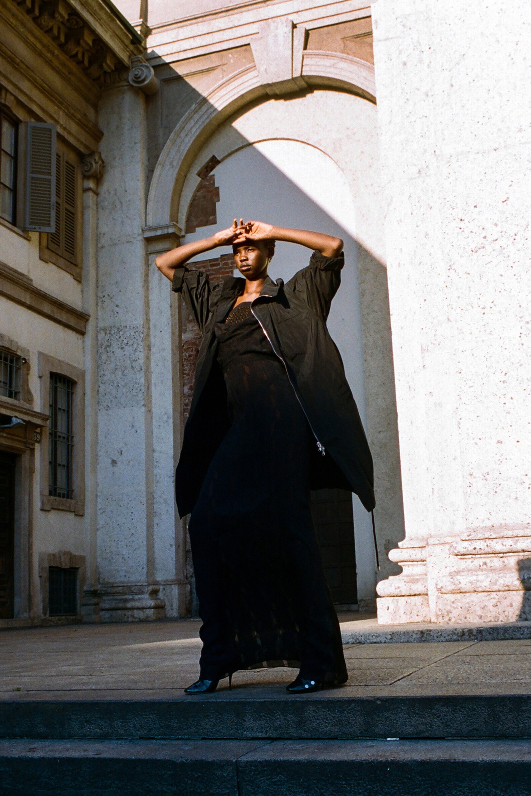black silk maxi dress and oversized coat