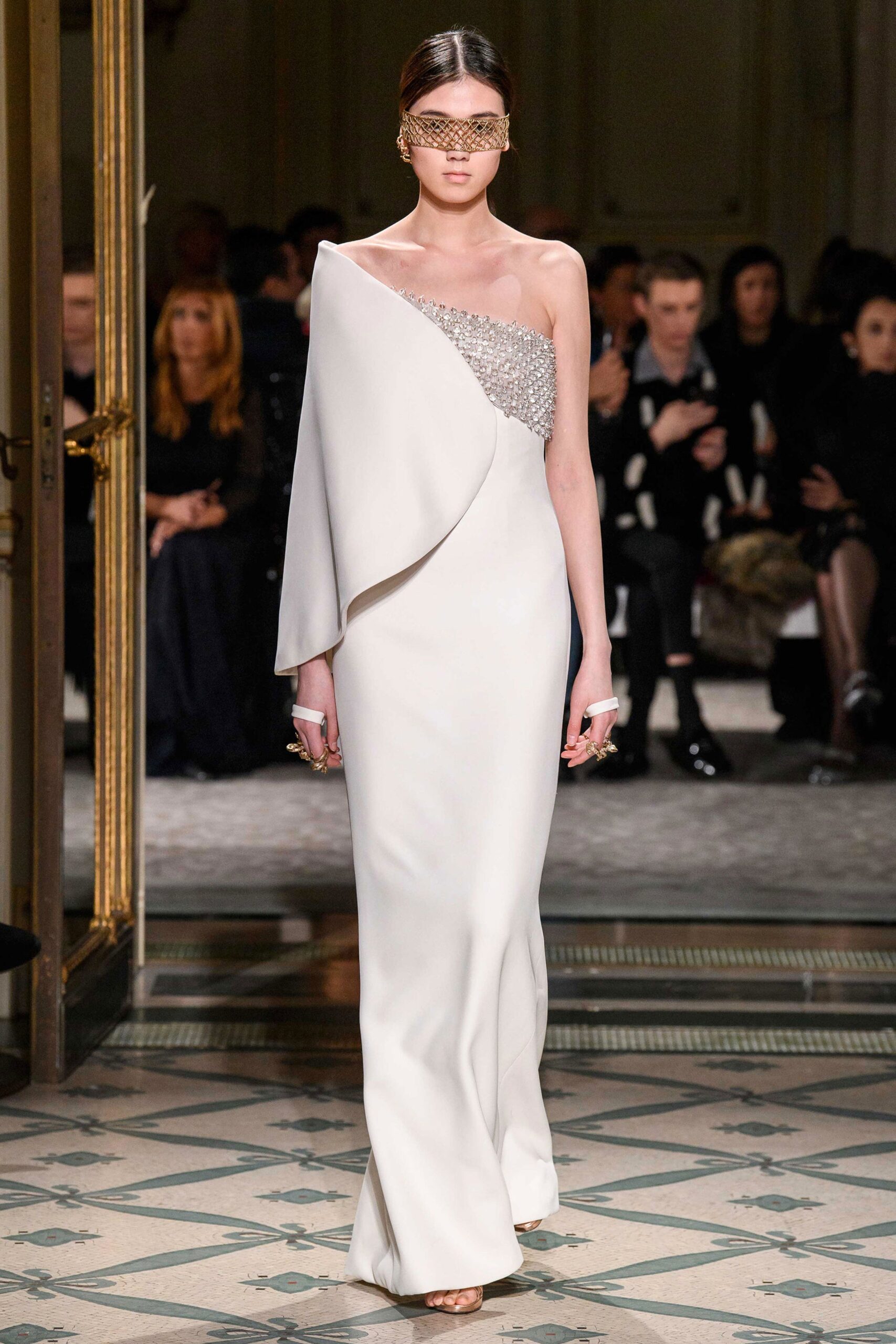 white silk asymmetric gown