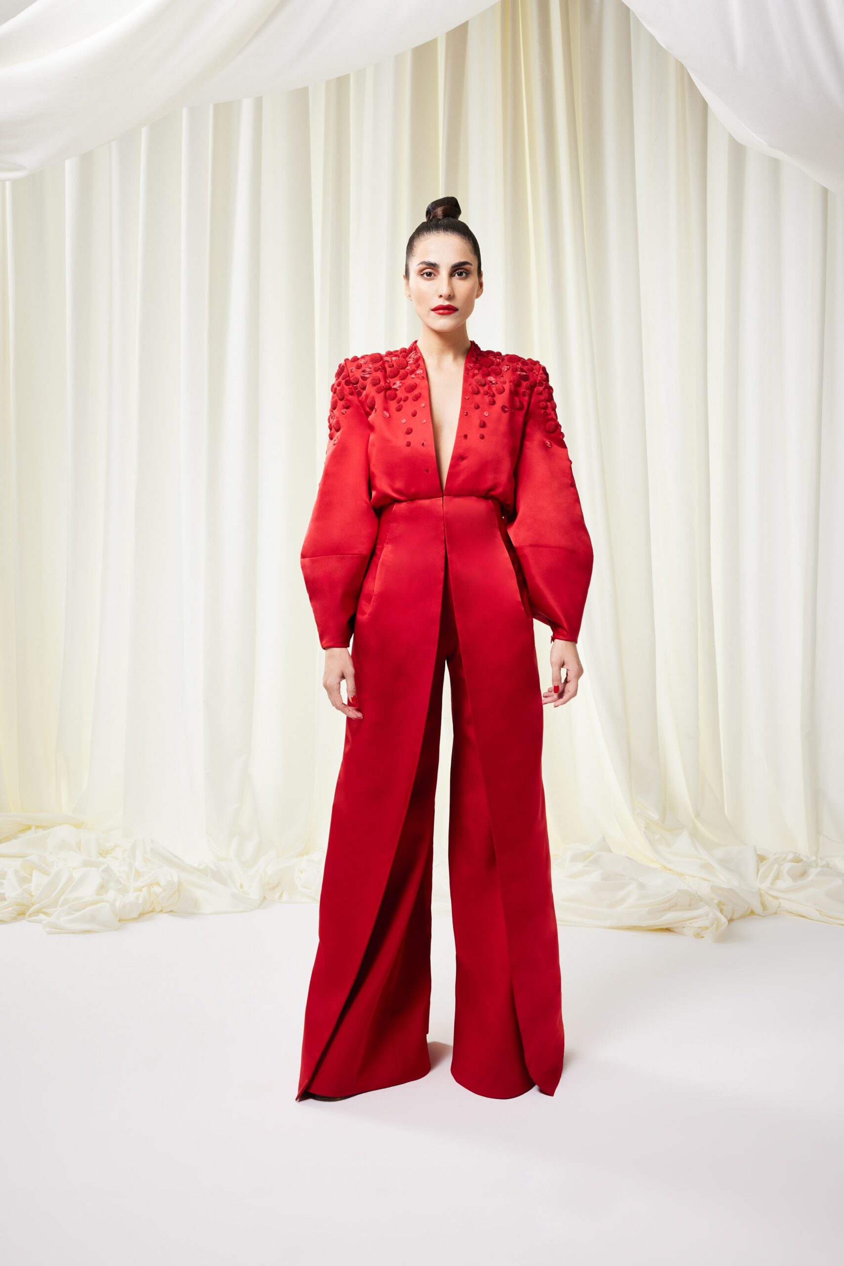 red silk fitted jumpsuit