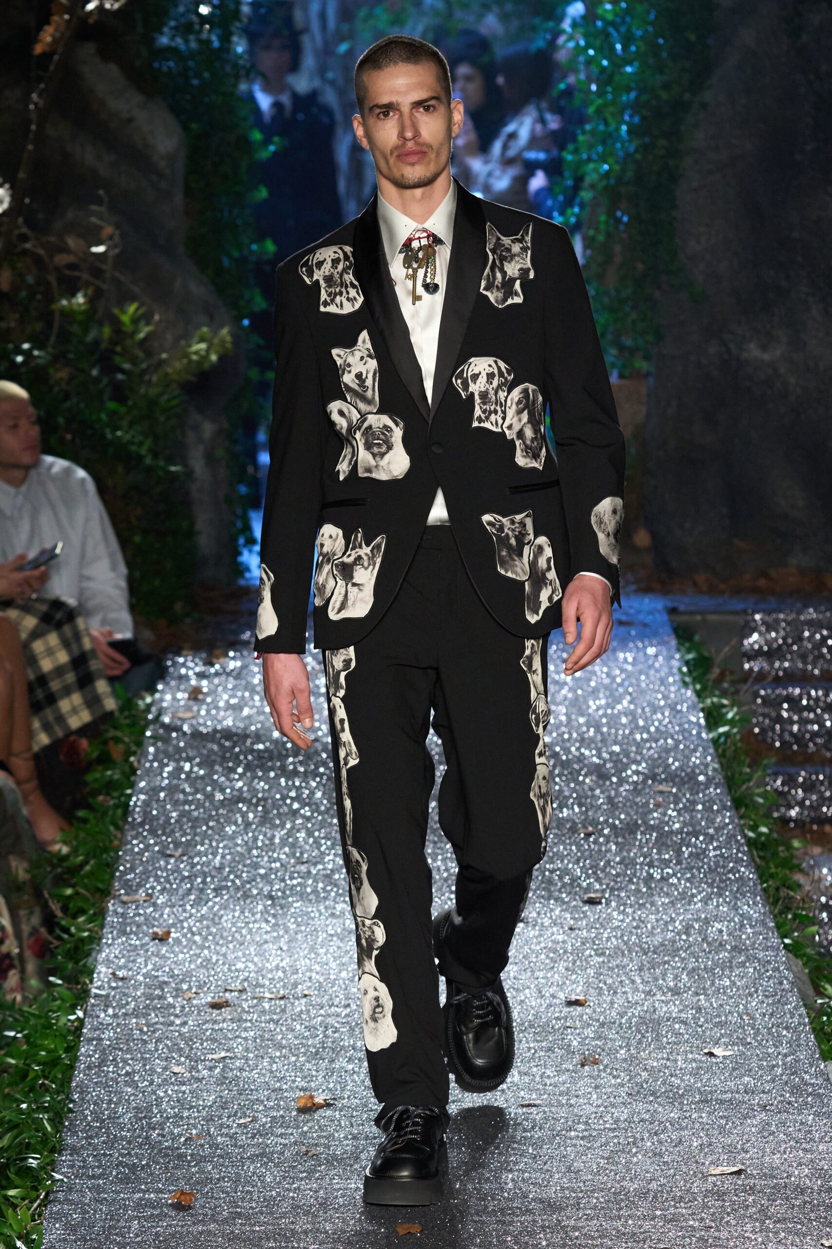 black and white printed suit