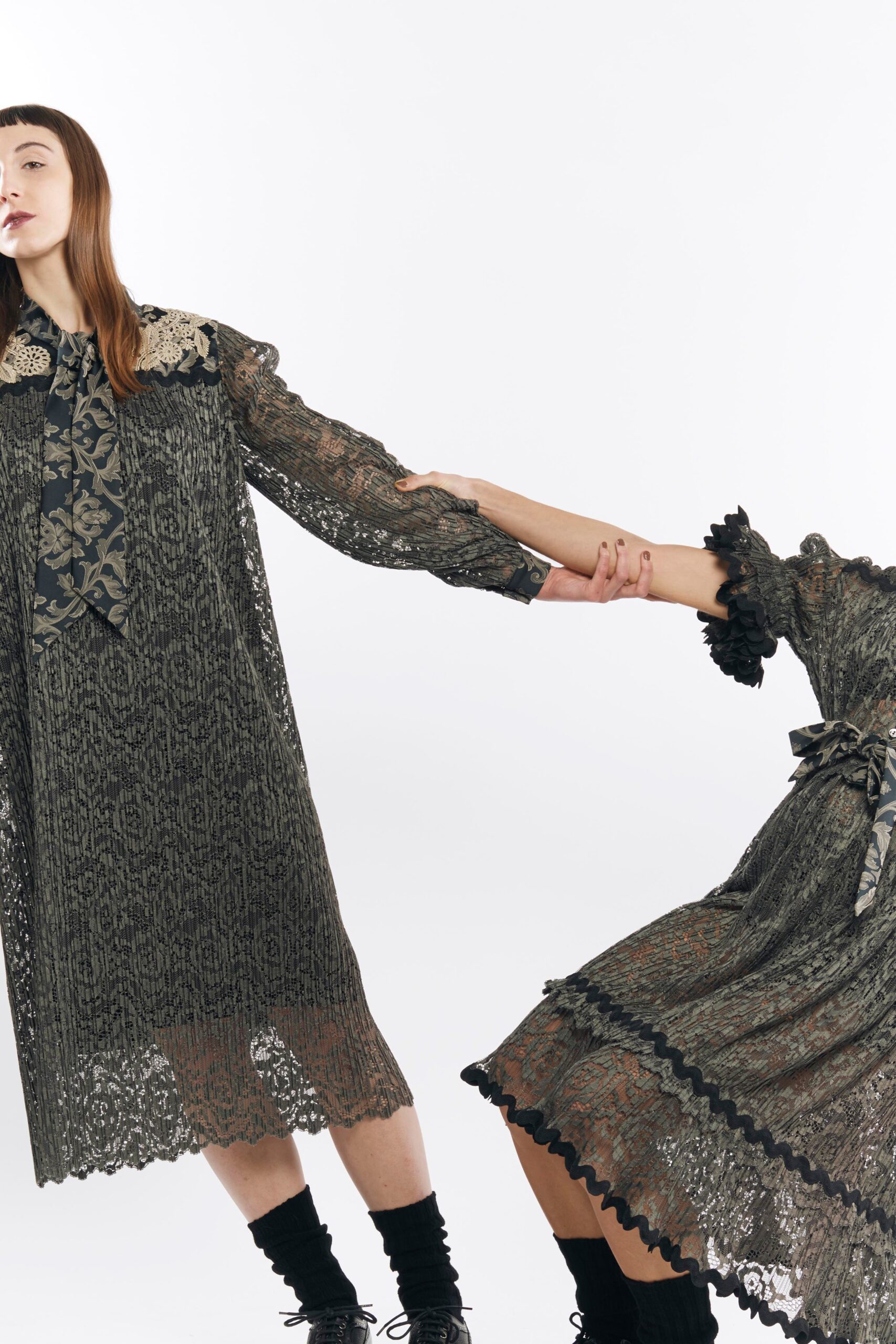 black lace long-sleeve collared relaxed tiered embroidered dress