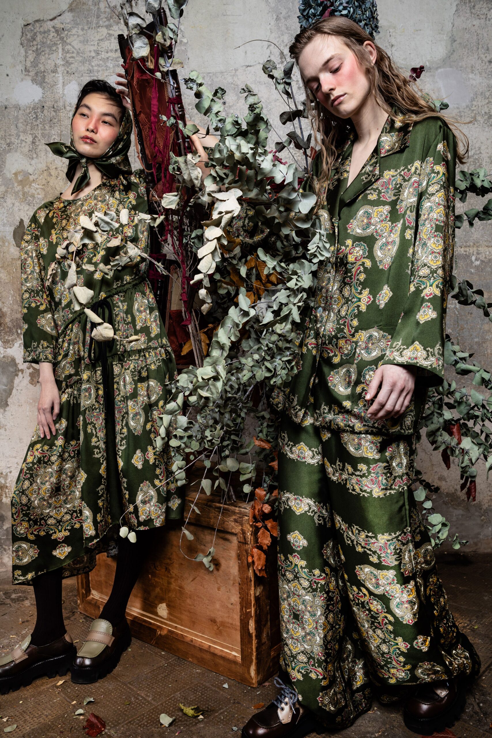 green printed silk dress and pants