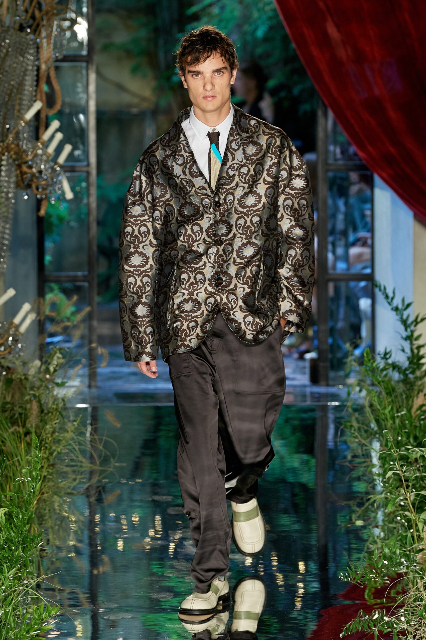 embroidered black silk jacket with relaxed pants