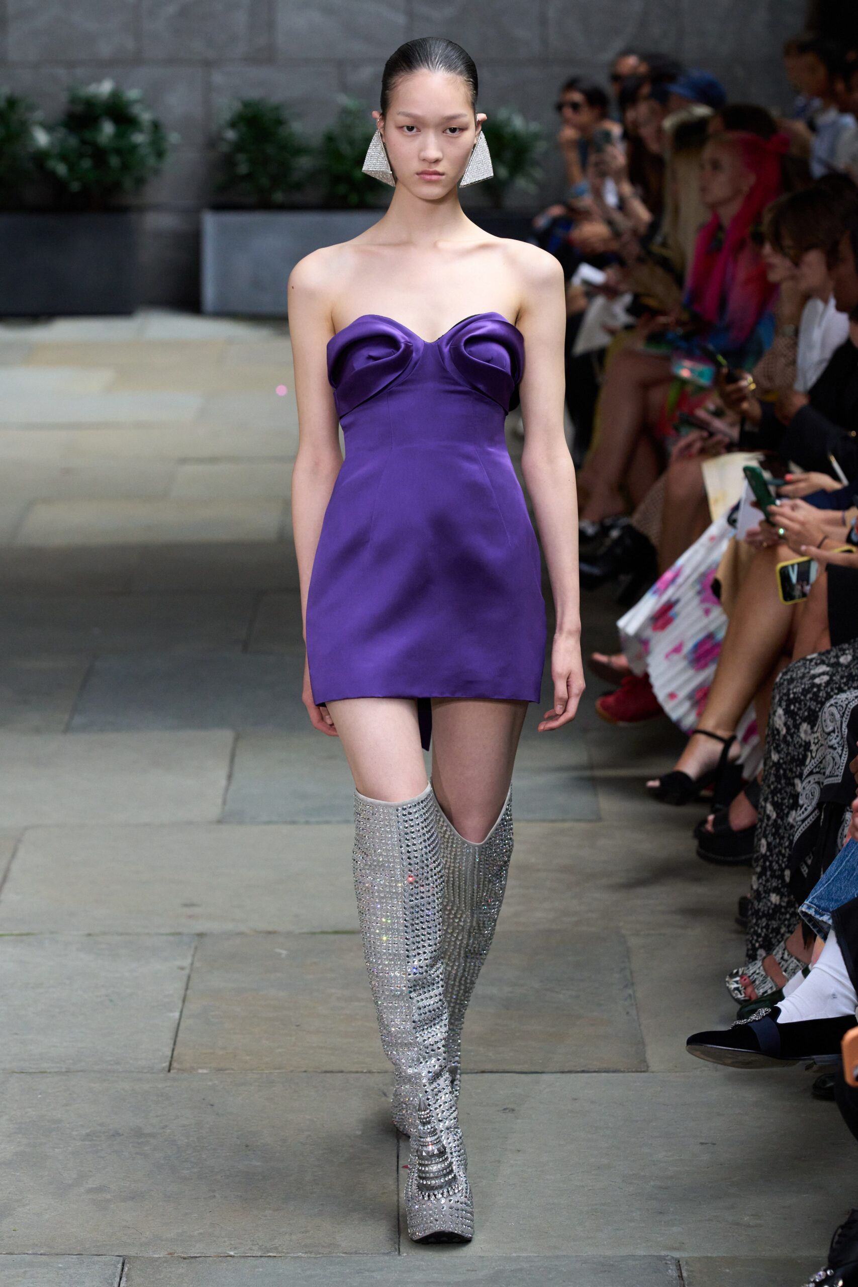 purple silk mini-dress with silver boots