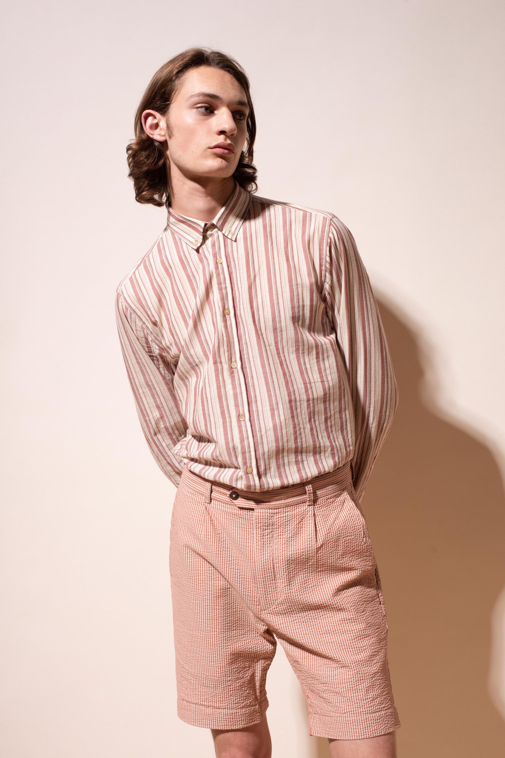 fitted striped shirt and checked shorts