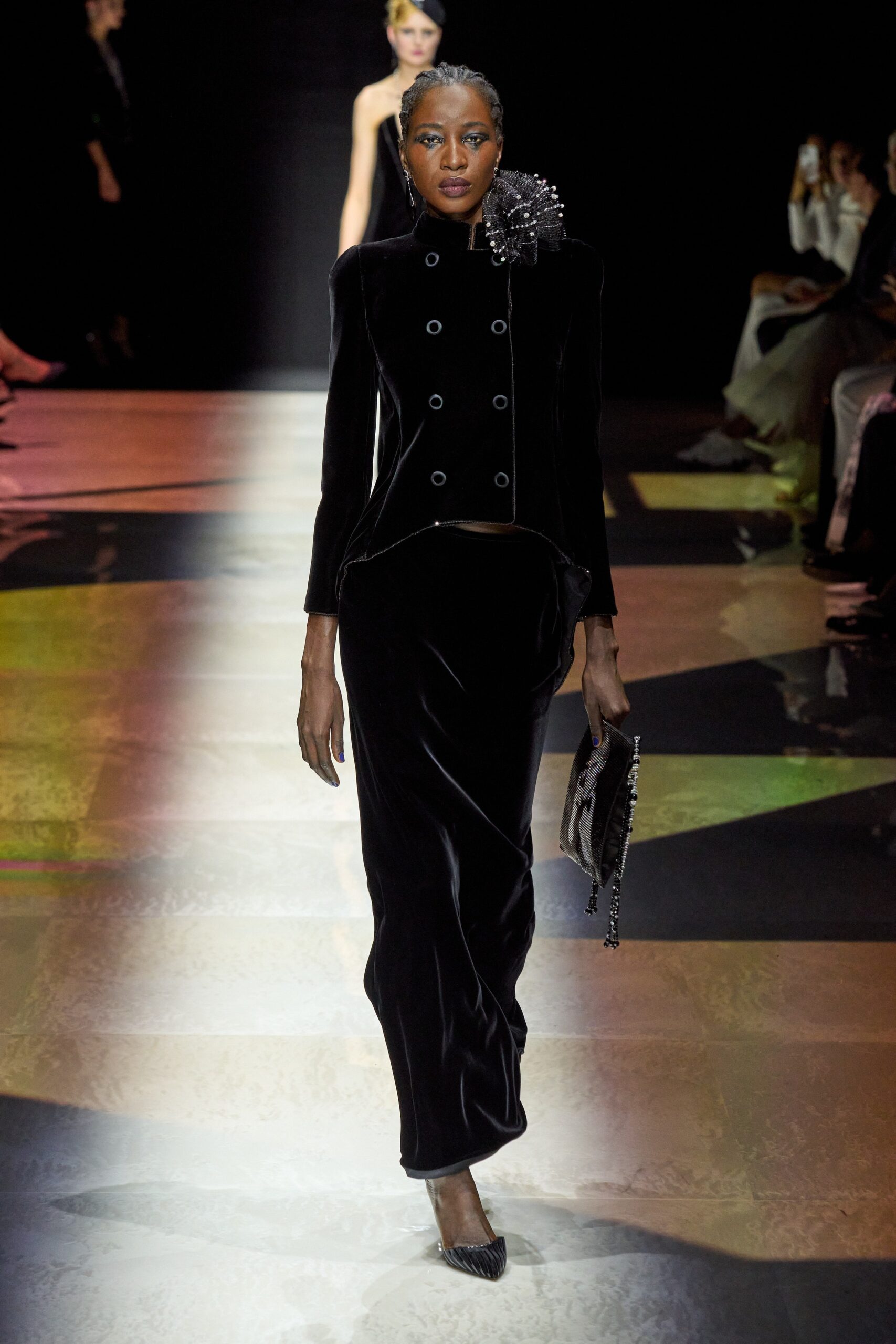 black velvet fitted blazer and skirt