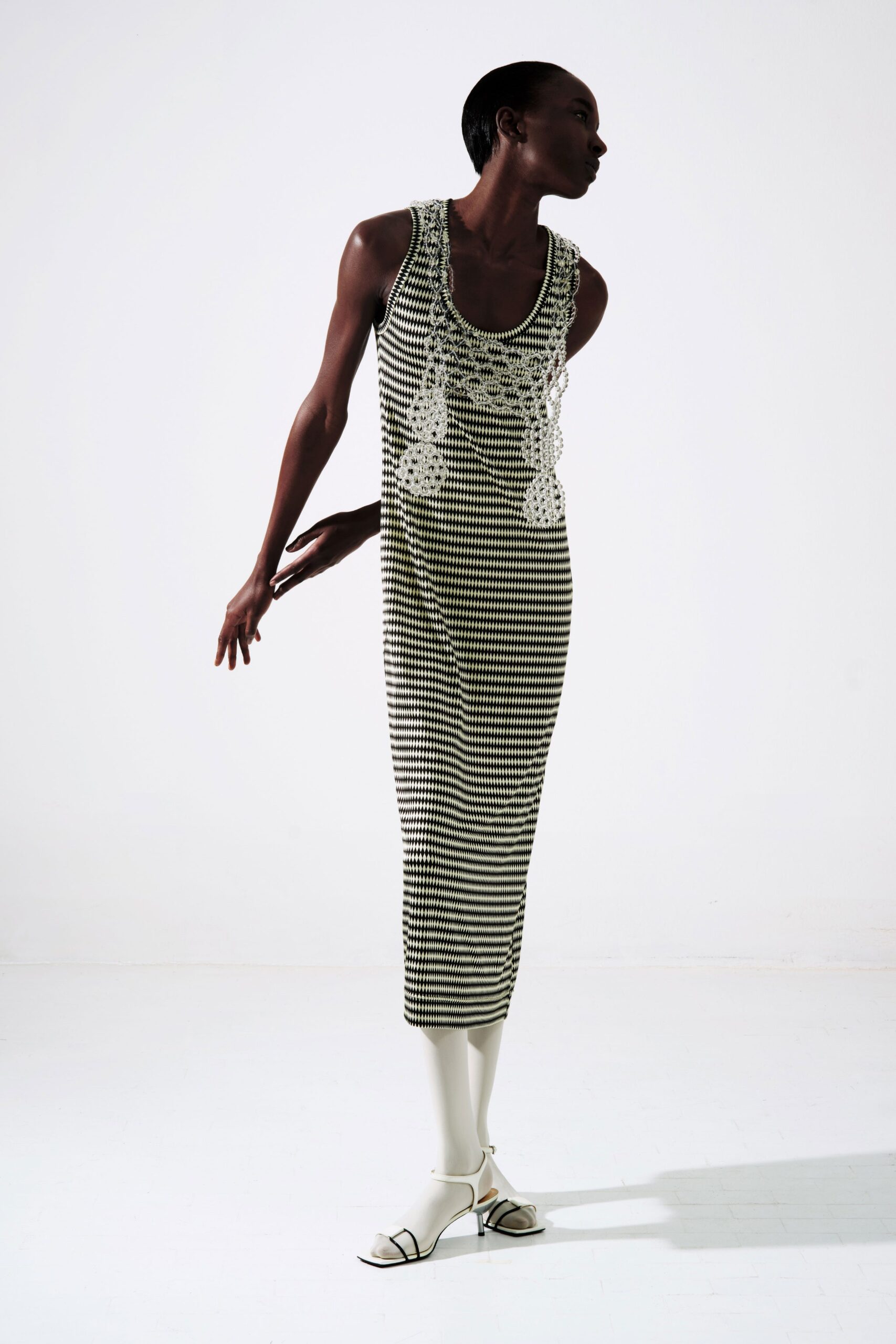 striped midi dress with open-toe shoes