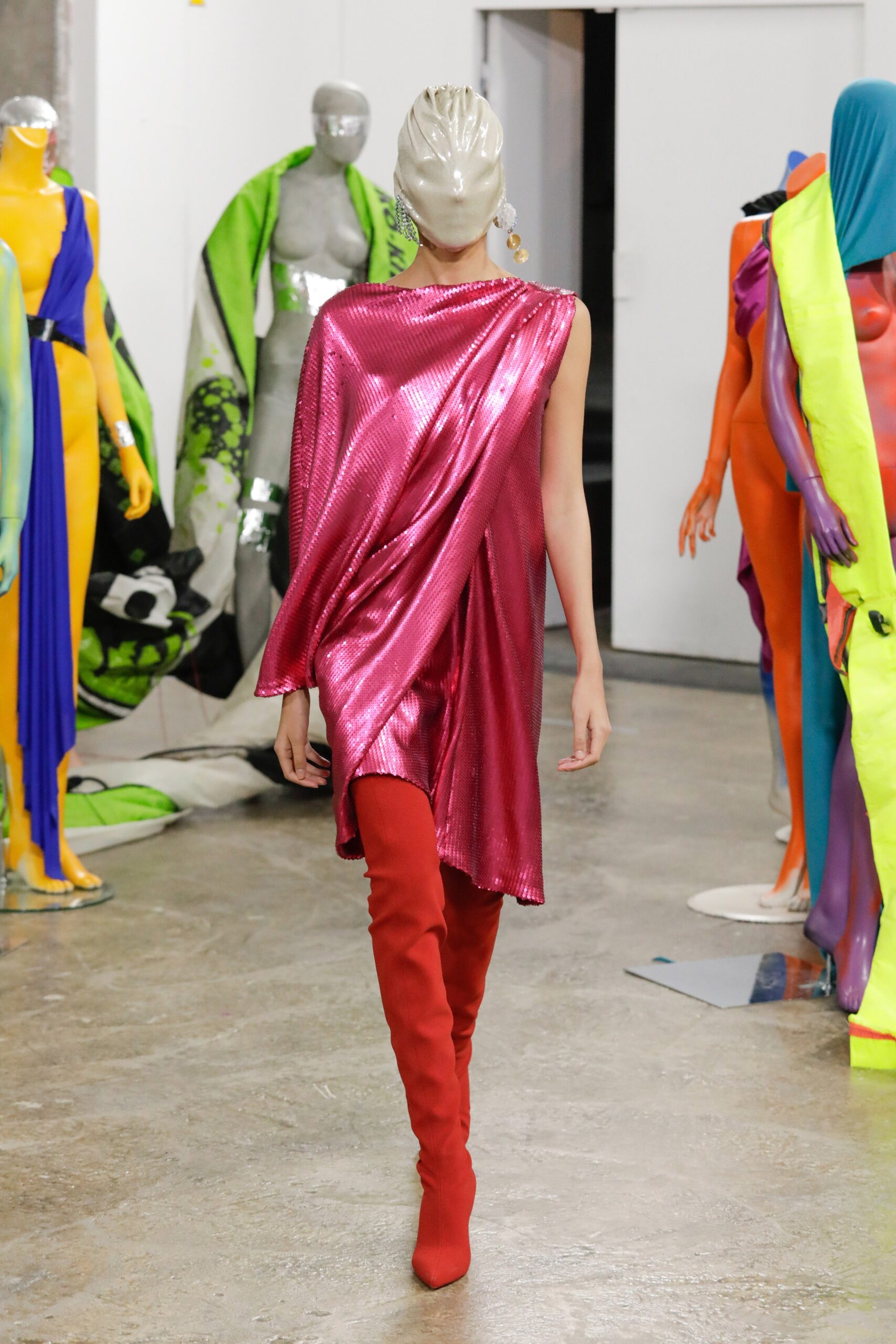 pink metallic sleeveless asymmetric fitted draped shiny dress