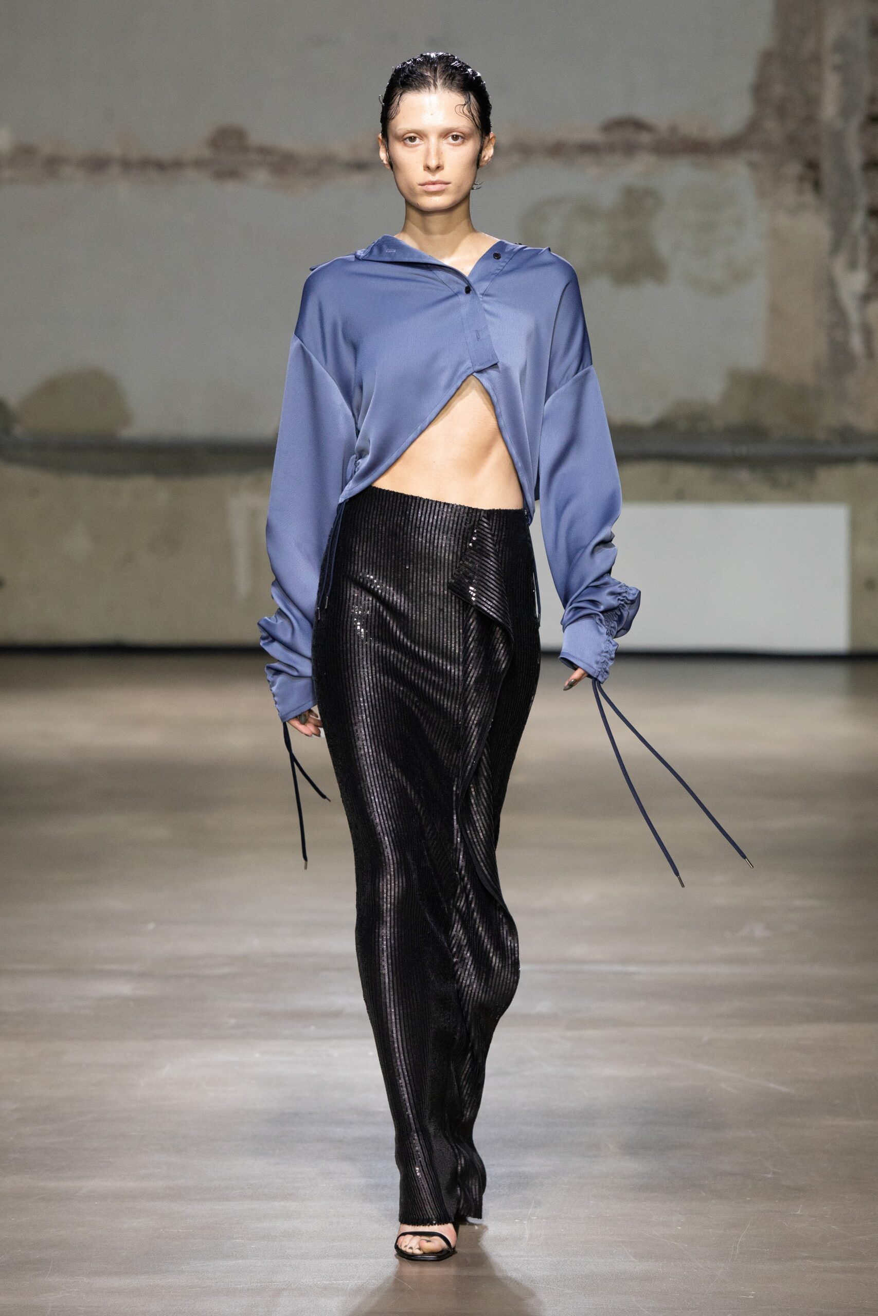 blue silk long-sleeve relaxed draped cropped top