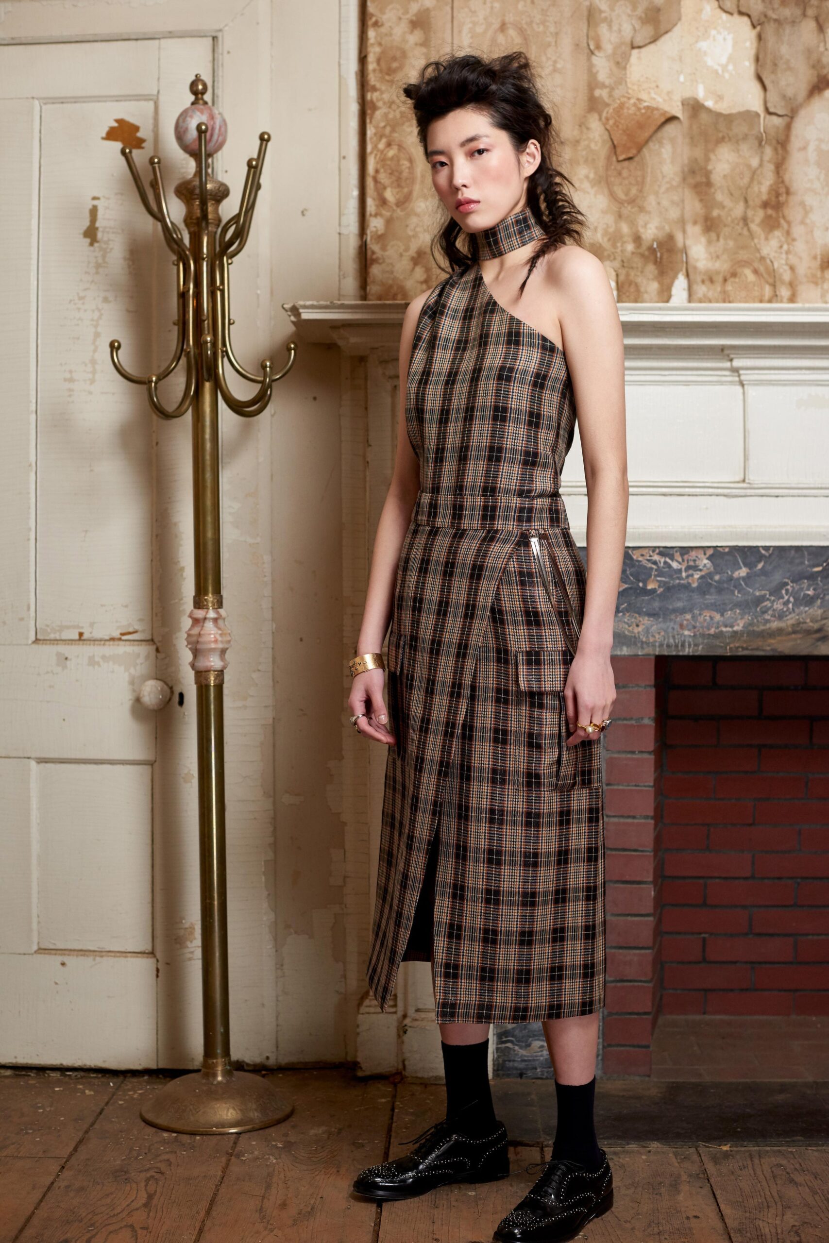 brown beige checked asymmetric dress
