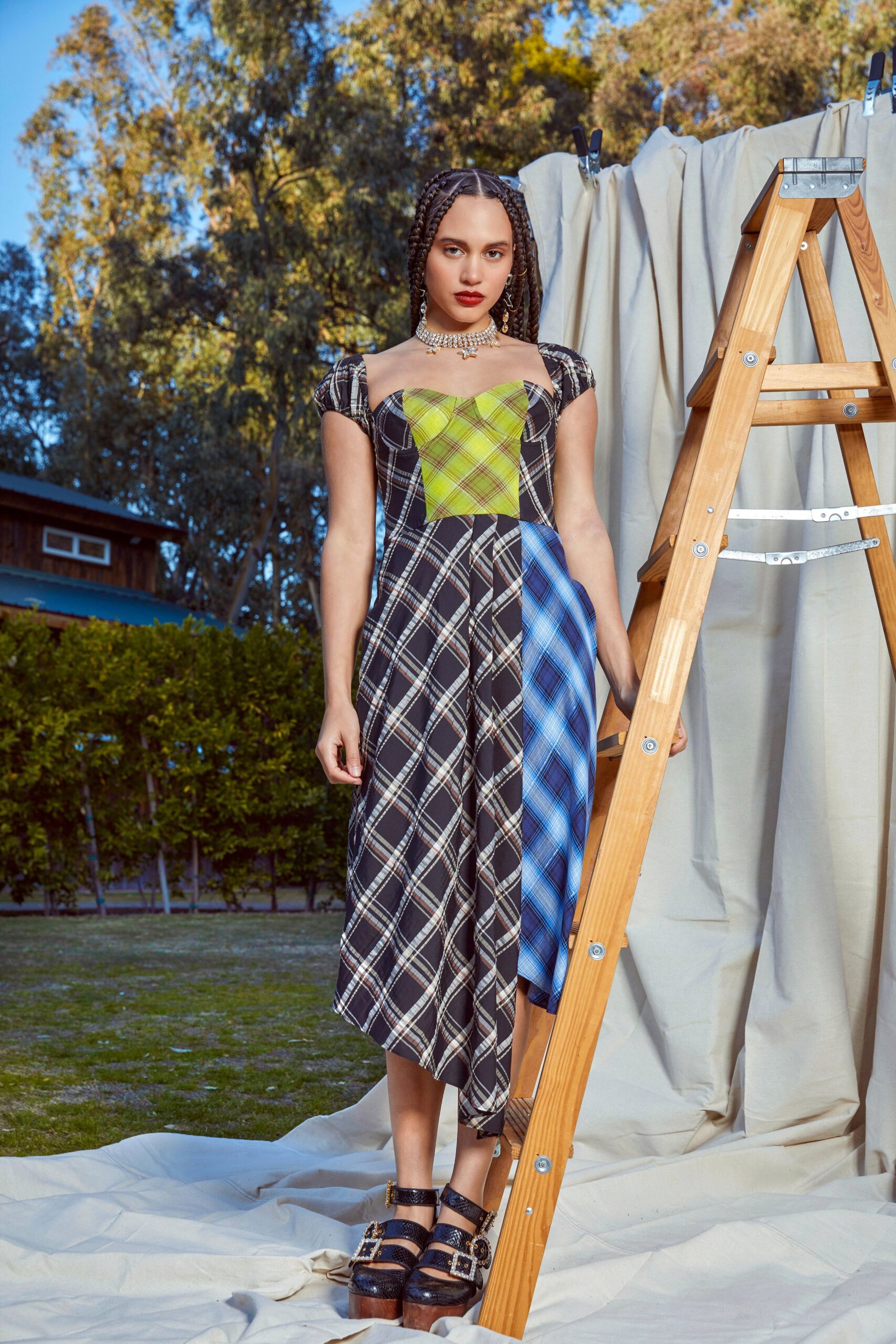 black green blue checked midi dress