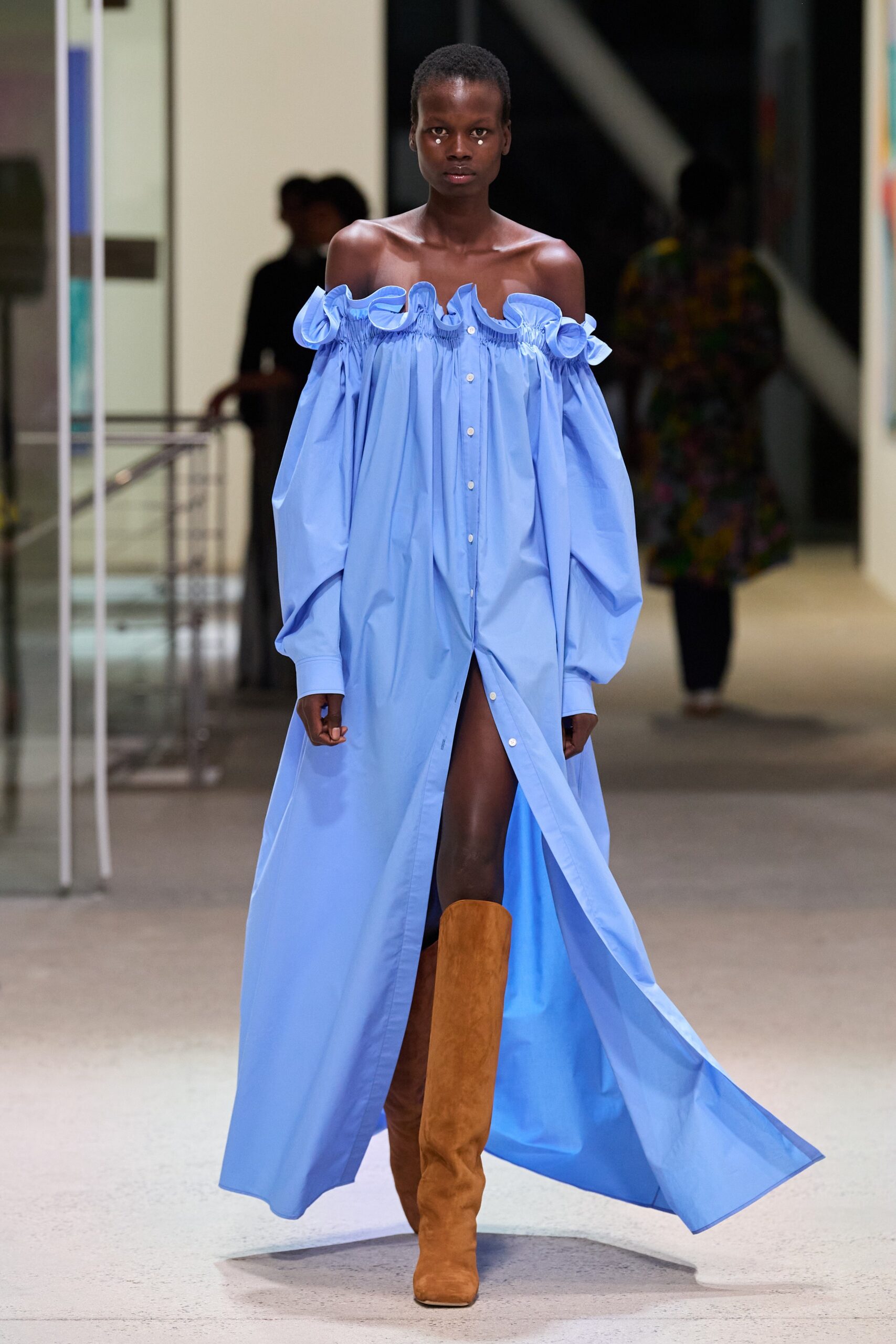 blue cotton off-shoulder long-sleeve relaxed buttoned tiered dress