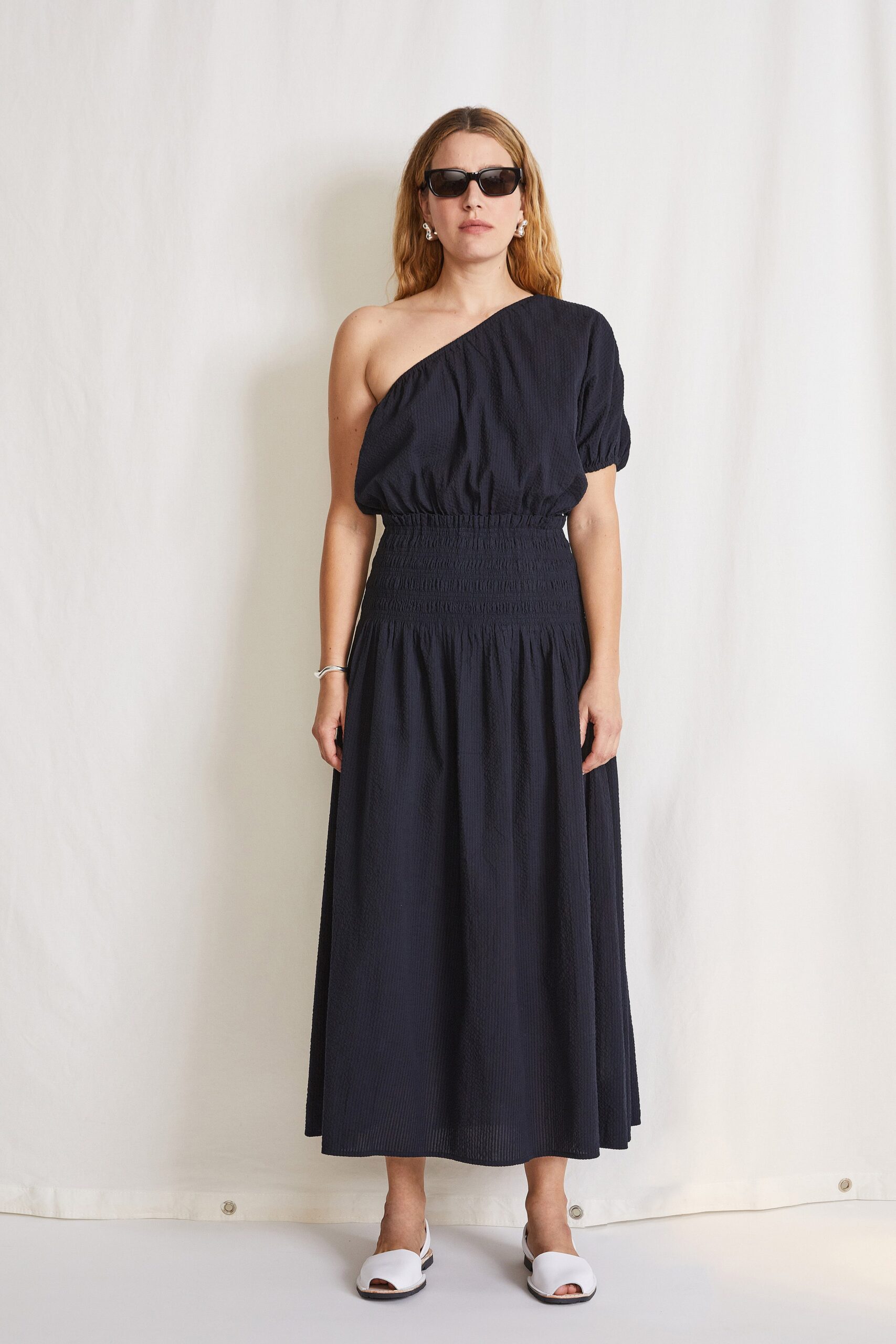 black cotton one-shoulder dress