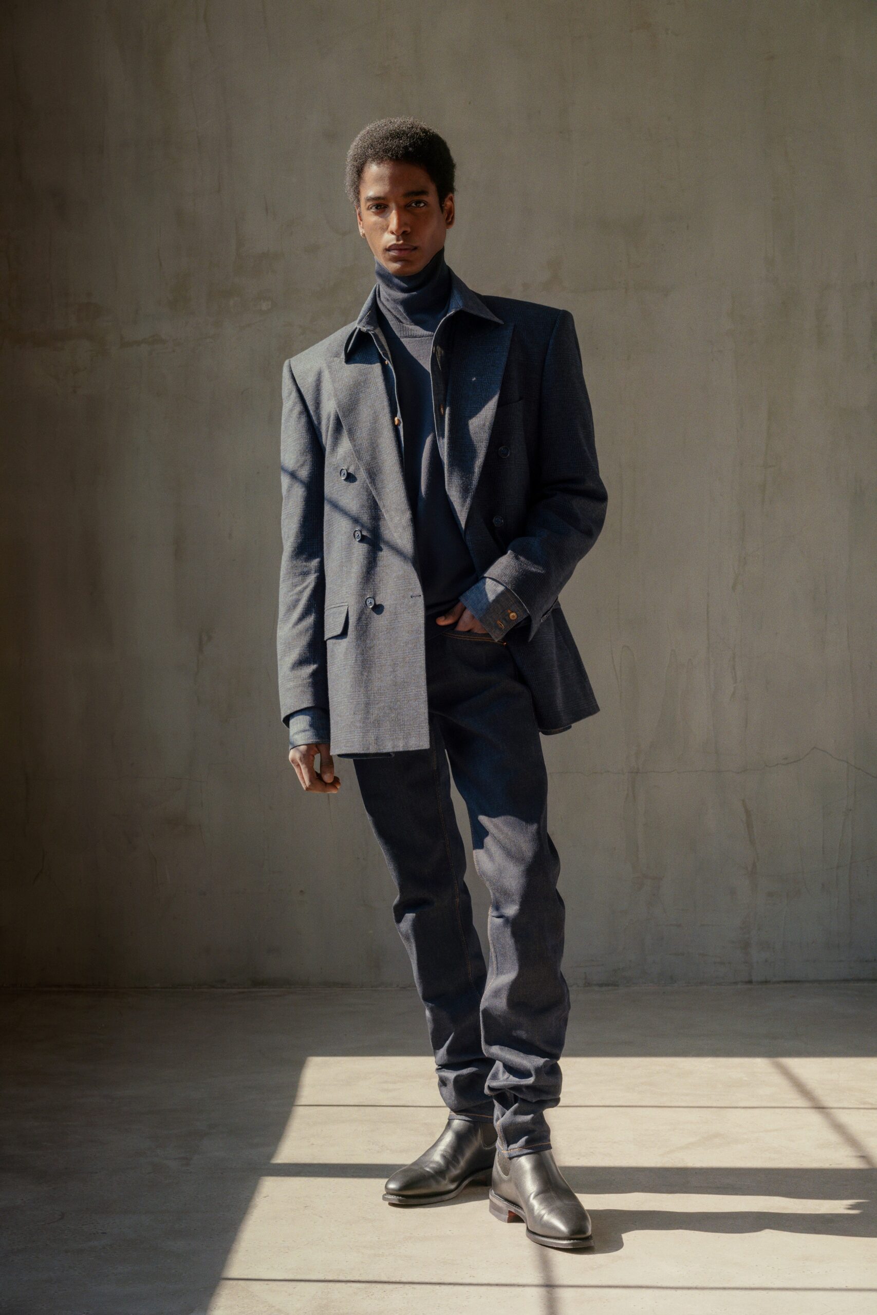 blue wool slim straight-leg pants