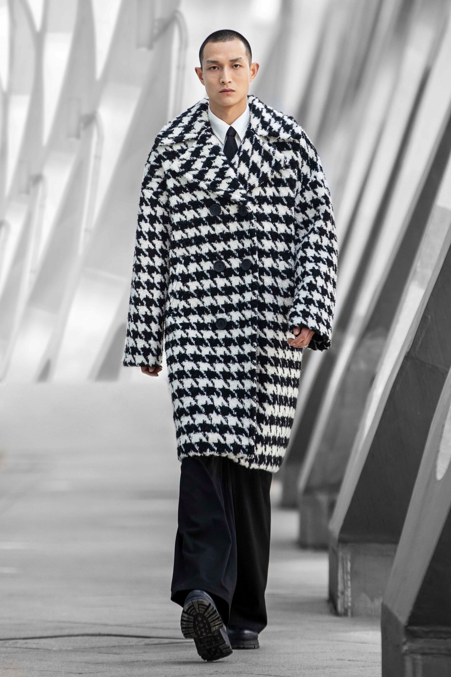 black and white checked coat with tailored pants