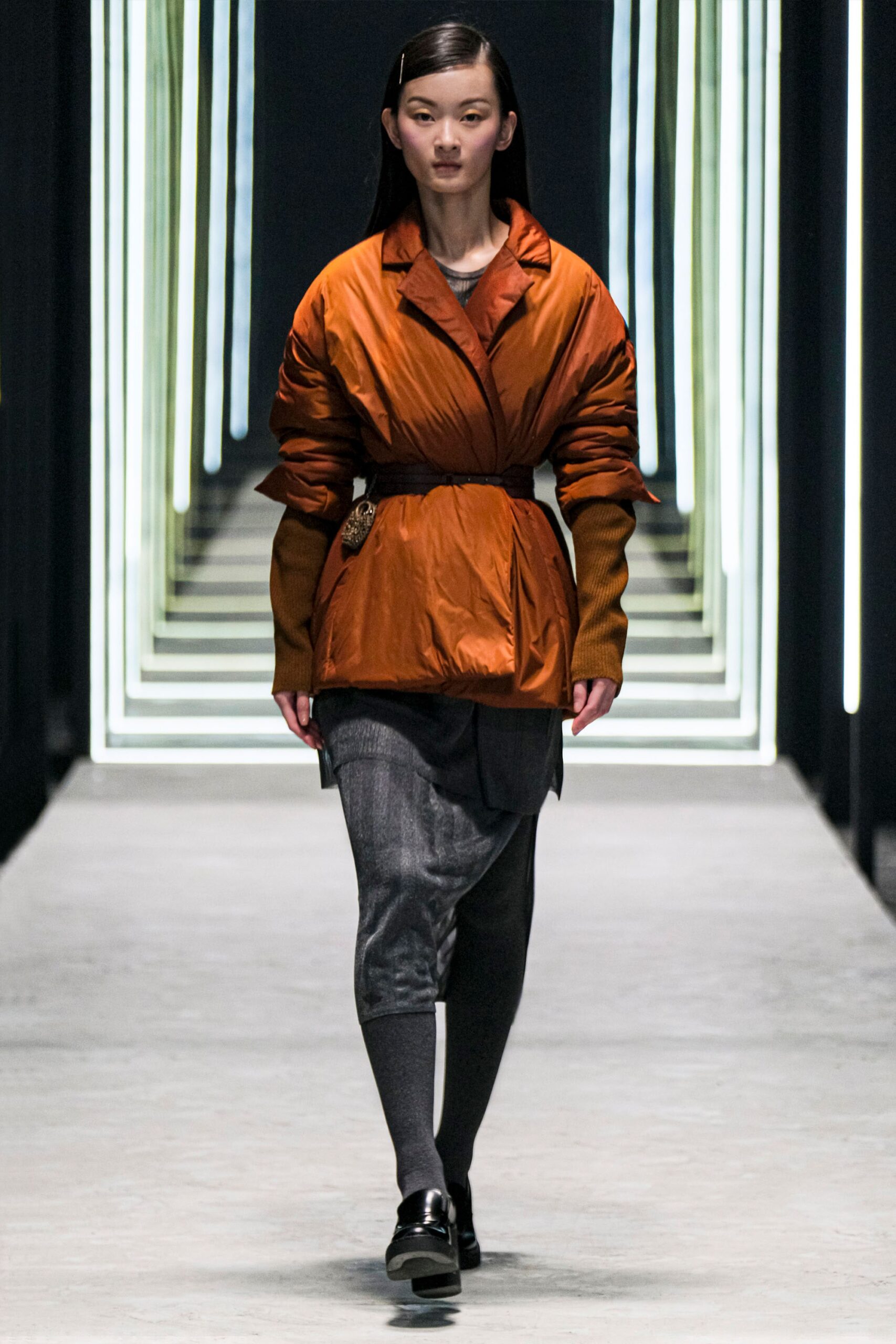 orange silk long-sleeve collared fitted zippered jacket