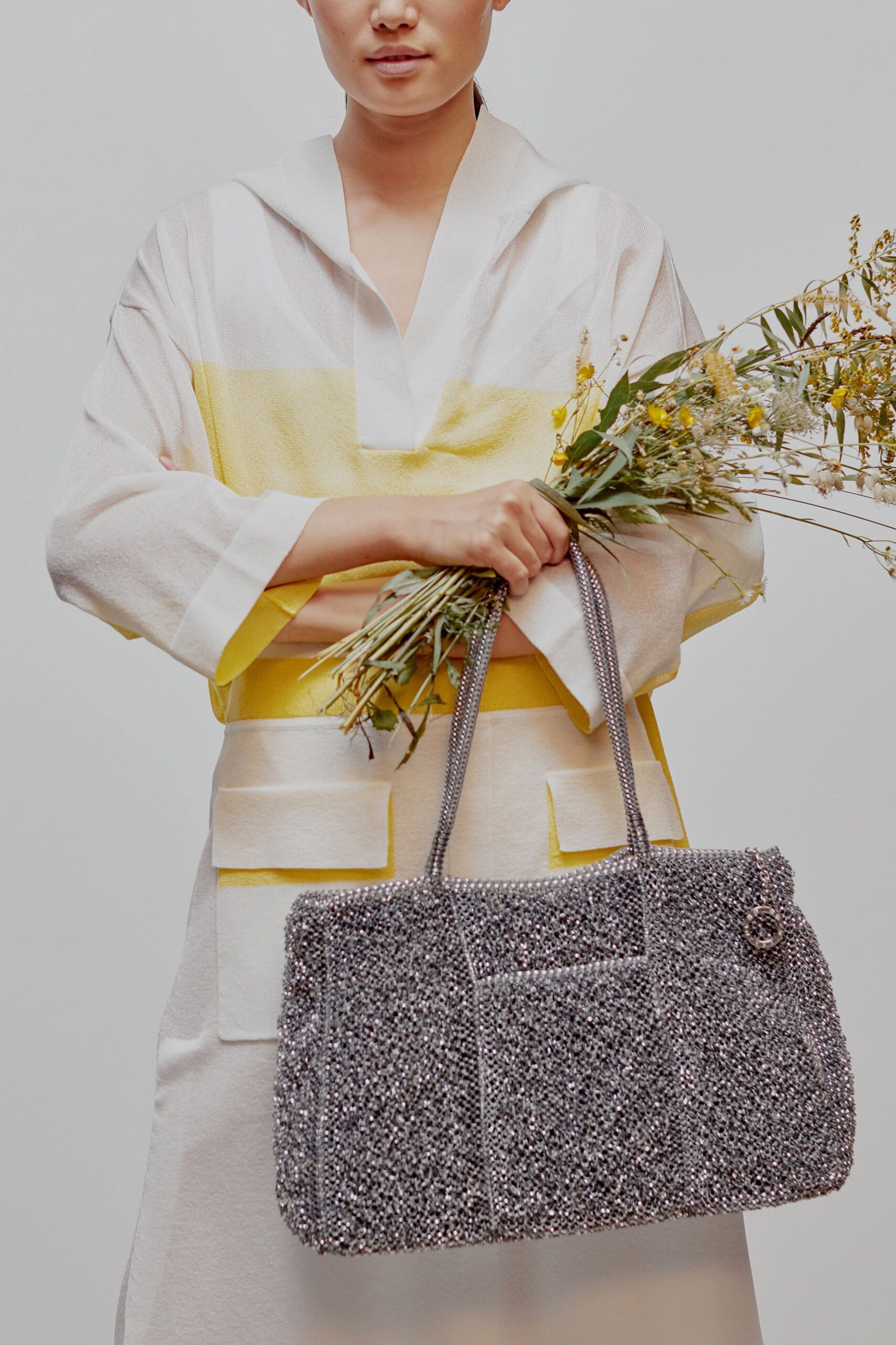 relaxed white and yellow top with midi skirt