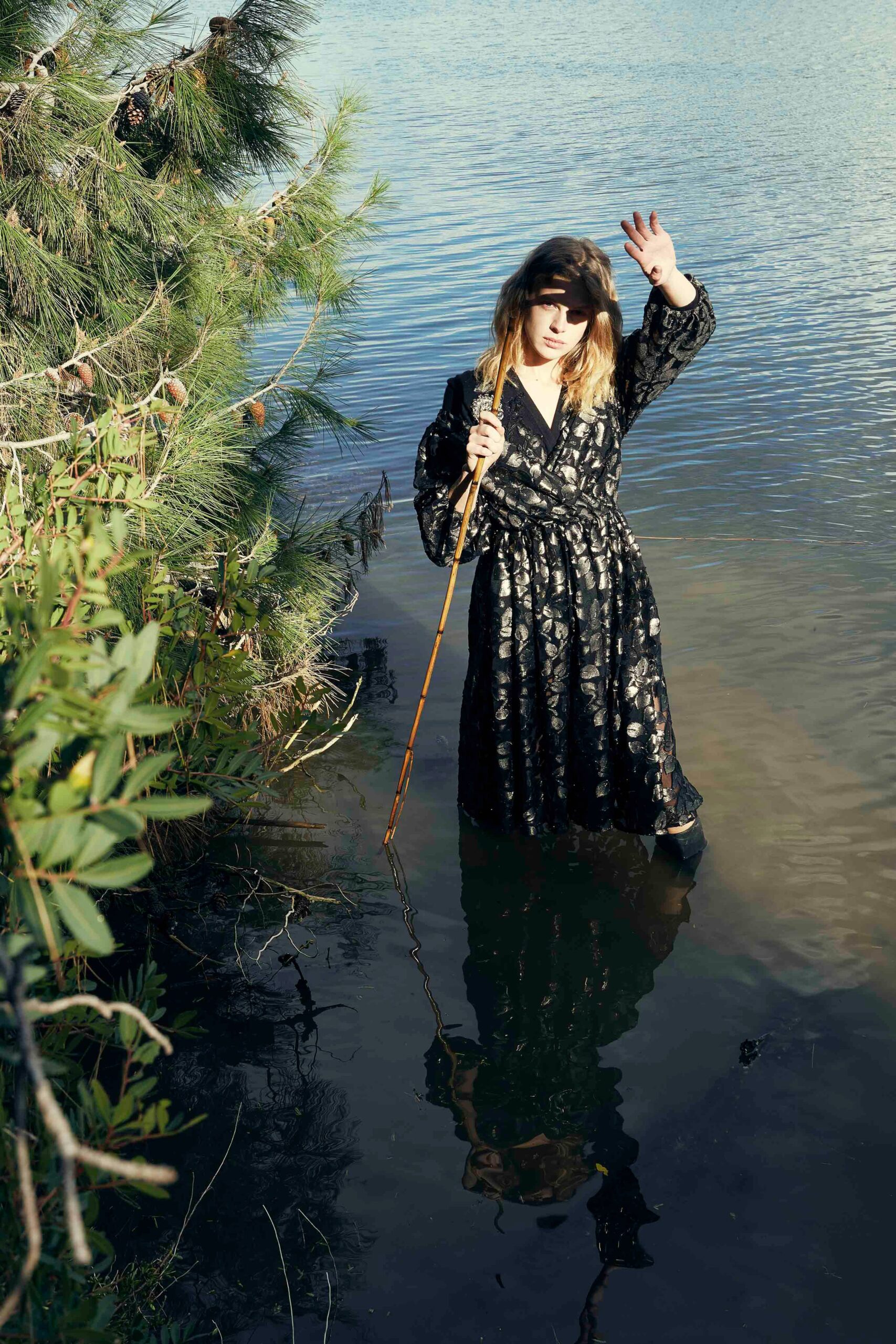 black silk long-sleeve dress